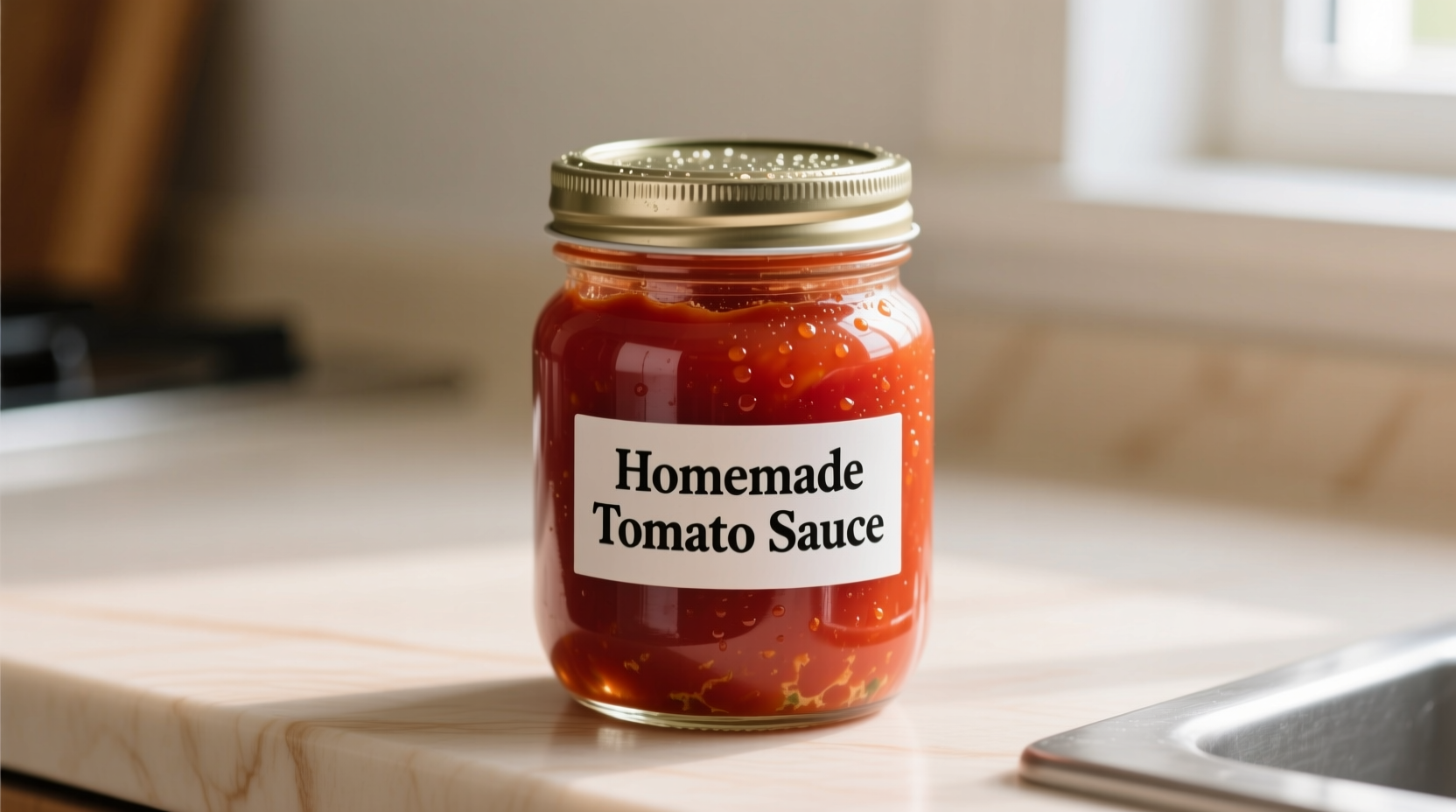 Properly stored tomato sauce in glass container