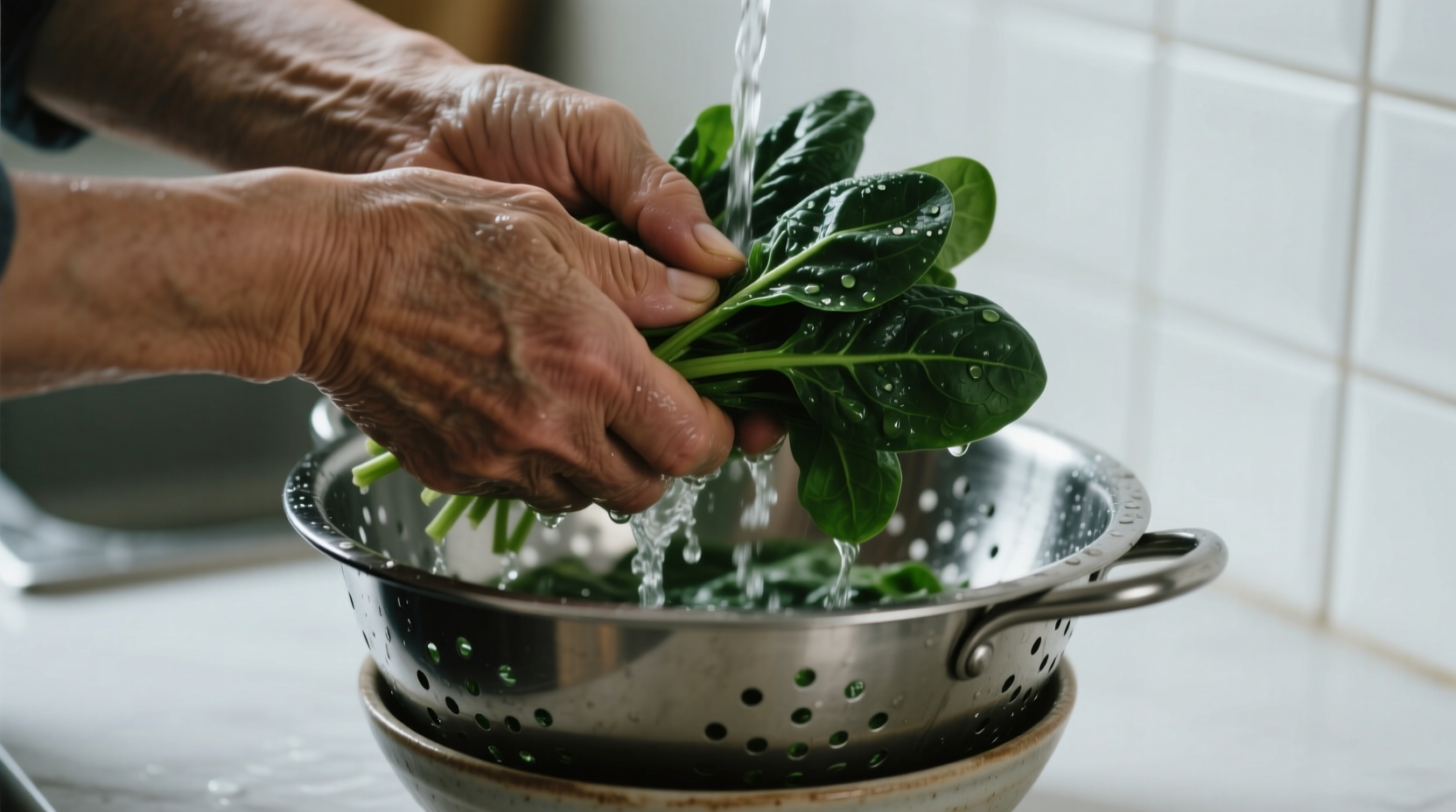 Hands squeezing water from defrosted spinach in colander