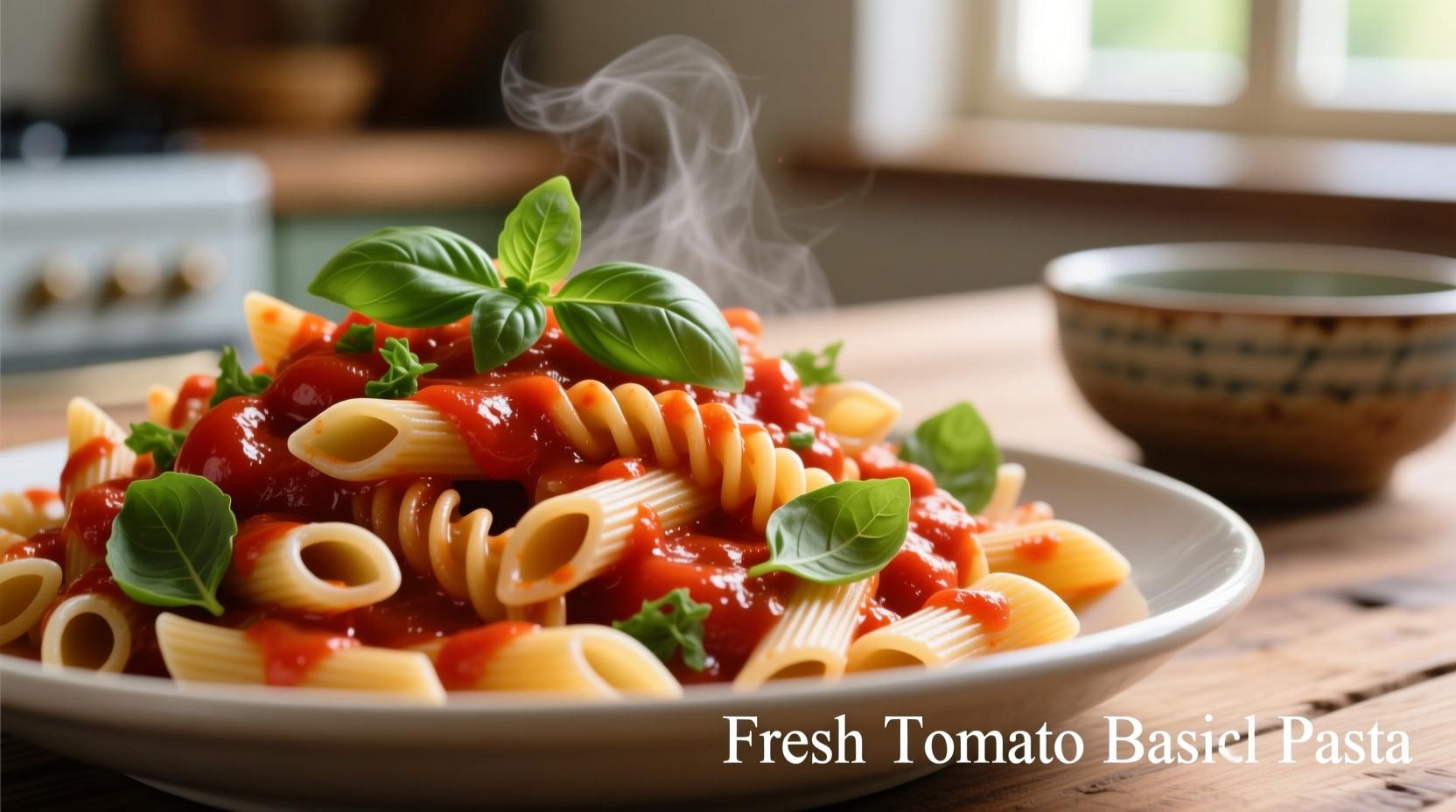 Fresh tomato basil pasta sauce coating penne pasta