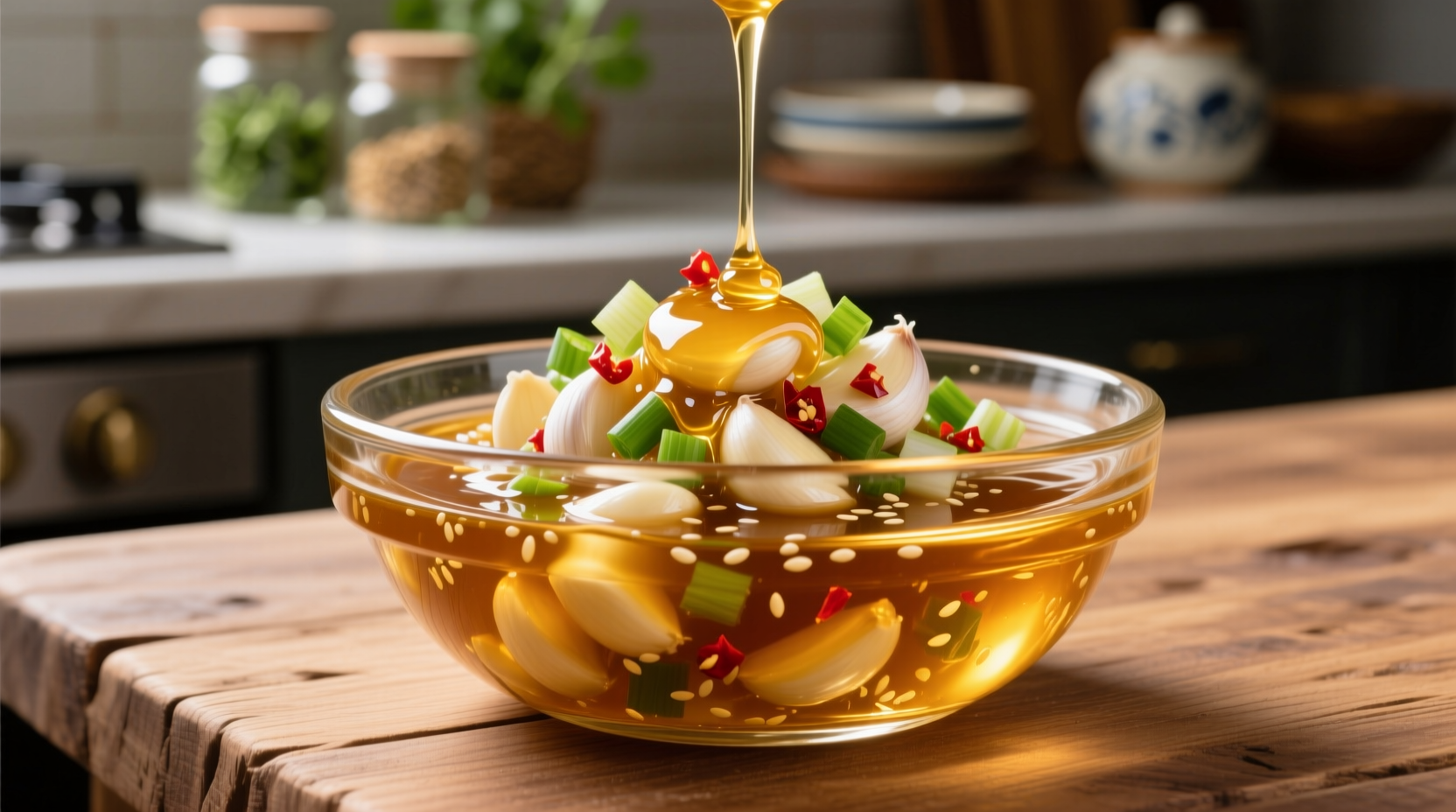 Golden honey garlic sauce in glass bowl with fresh ingredients