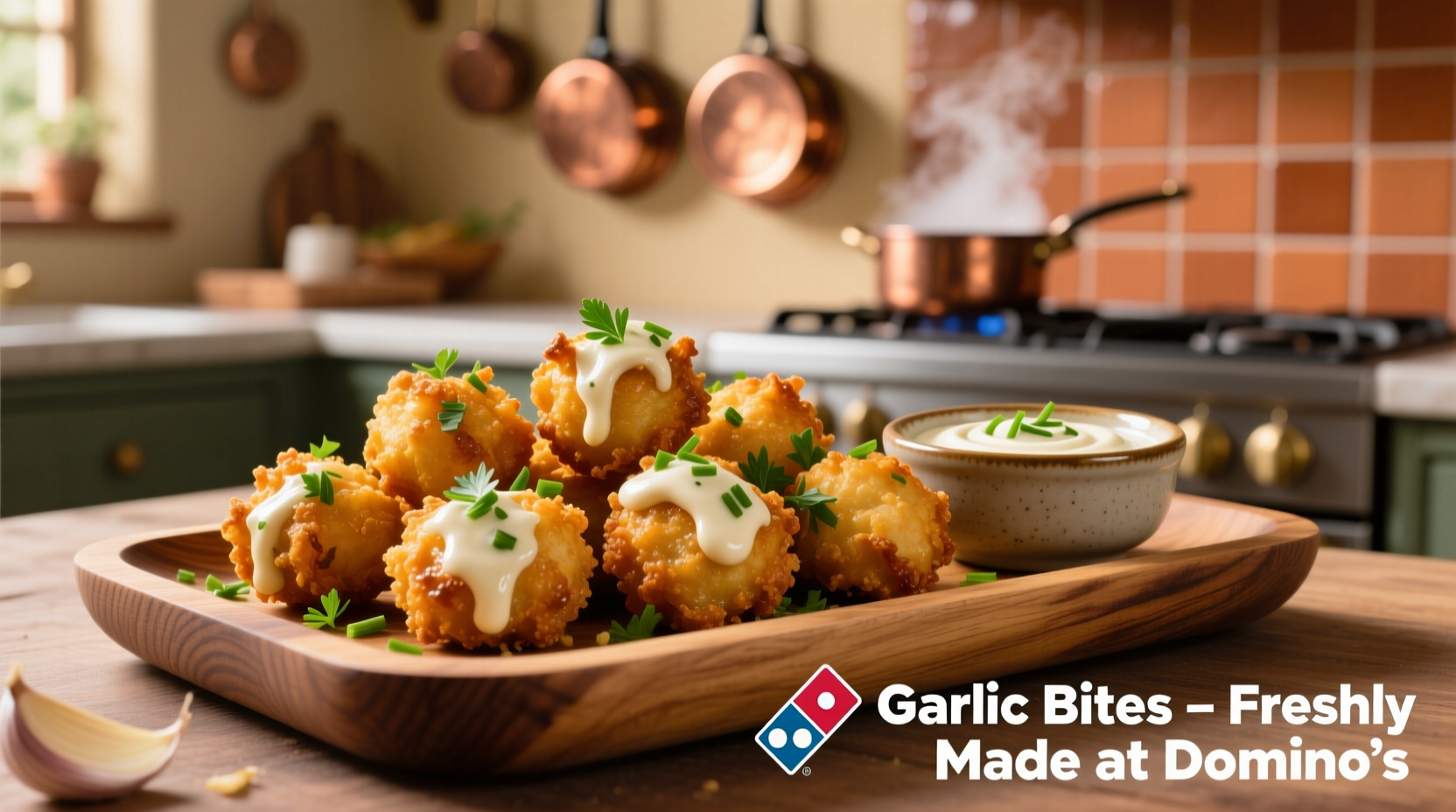 Golden Domino's Garlic Bites served with dipping sauce