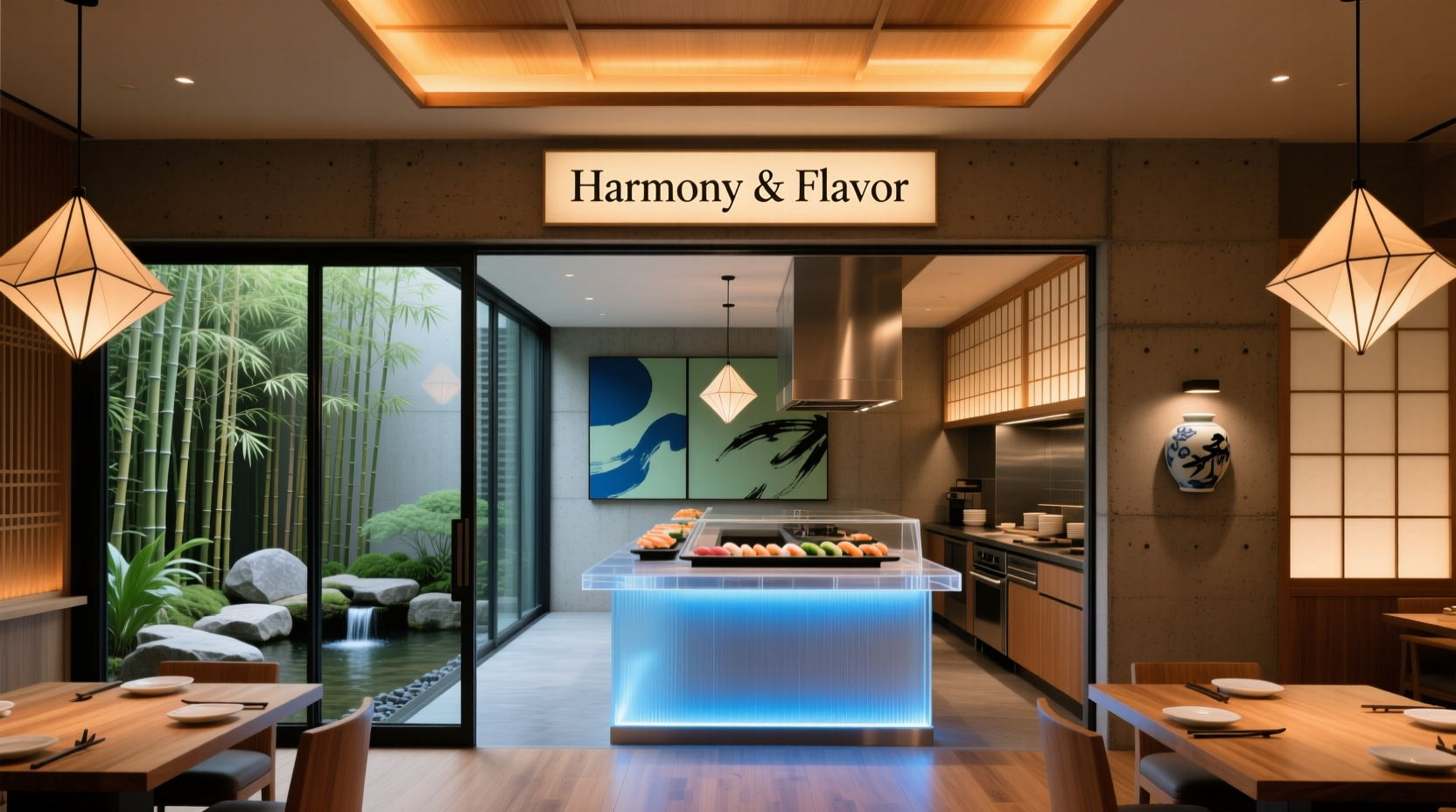 Modern Asian fusion restaurant interior with contemporary decor