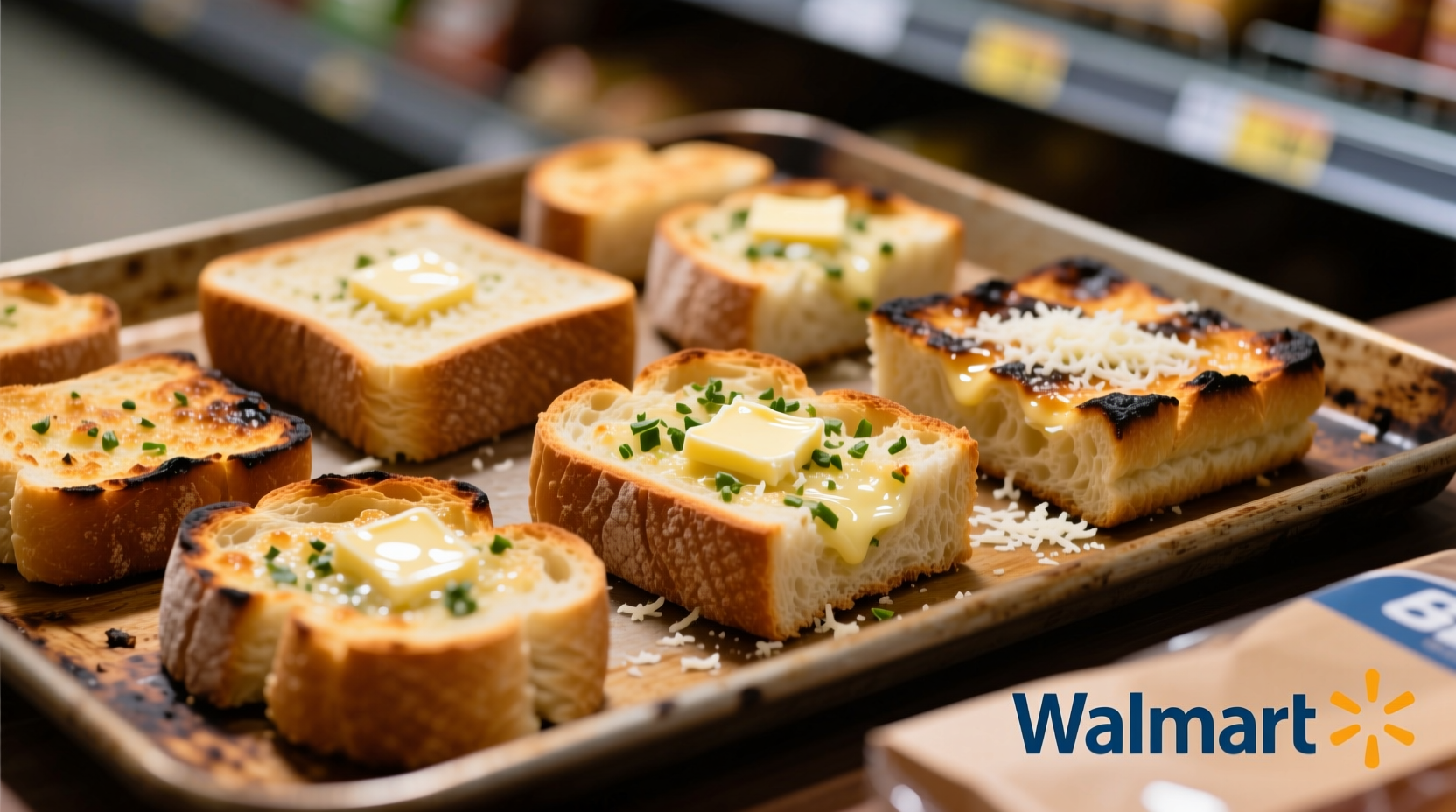 Walmart garlic bread varieties on baking sheet