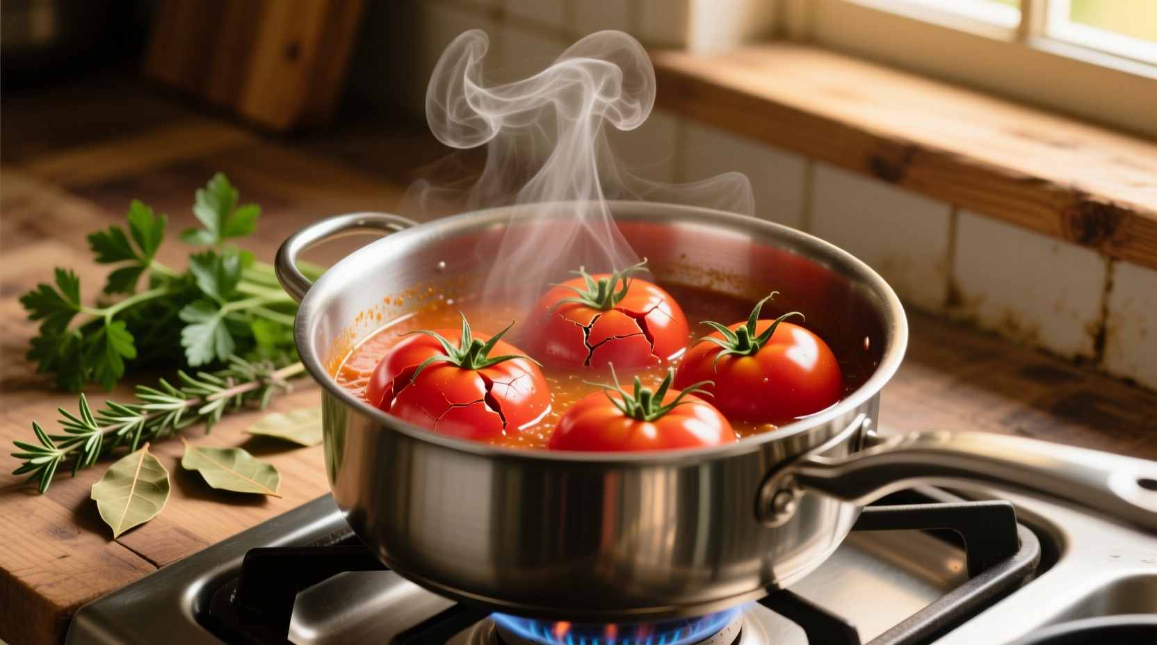 Fresh tomatoes simmering in a pot with herbs