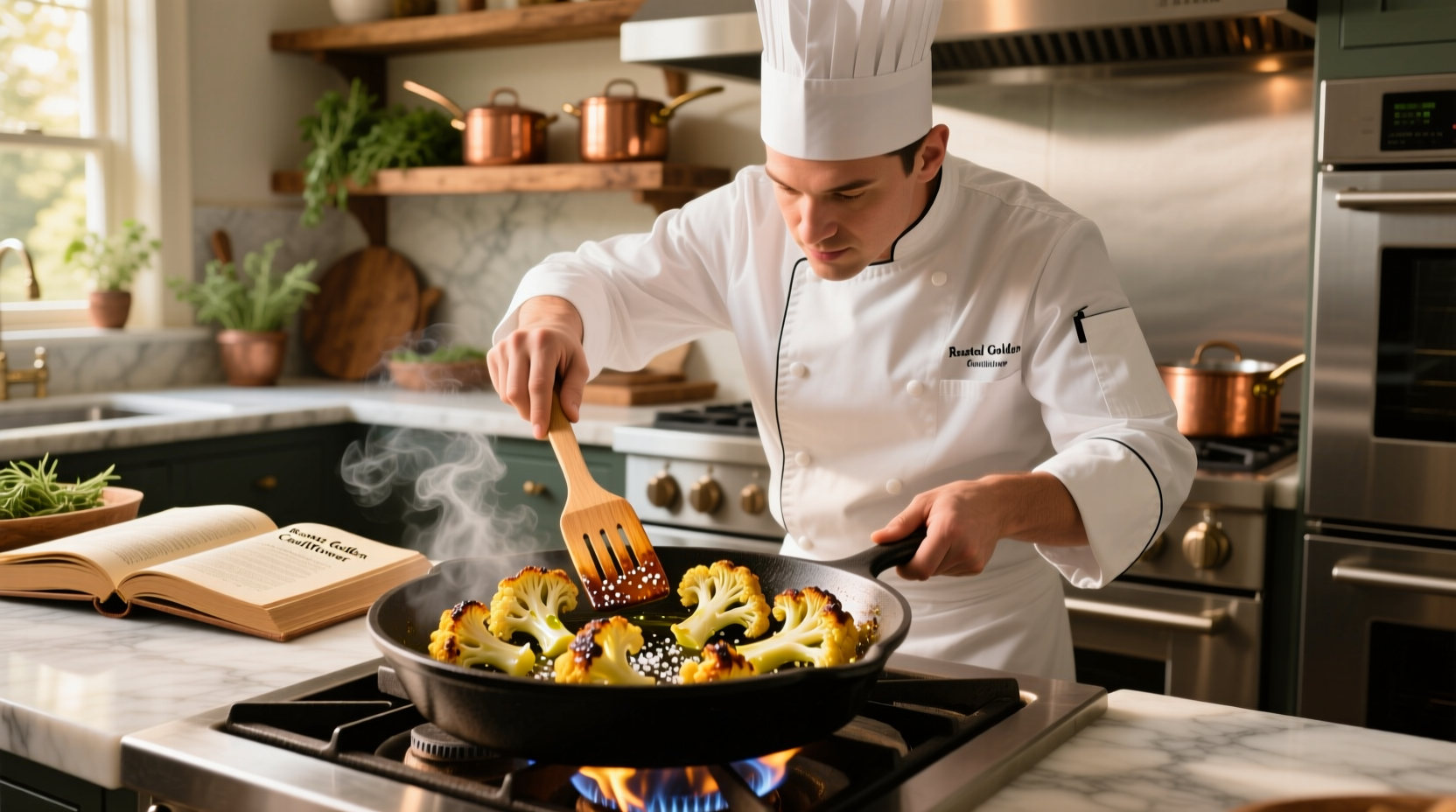 Professional chef roasting golden cauliflower florets