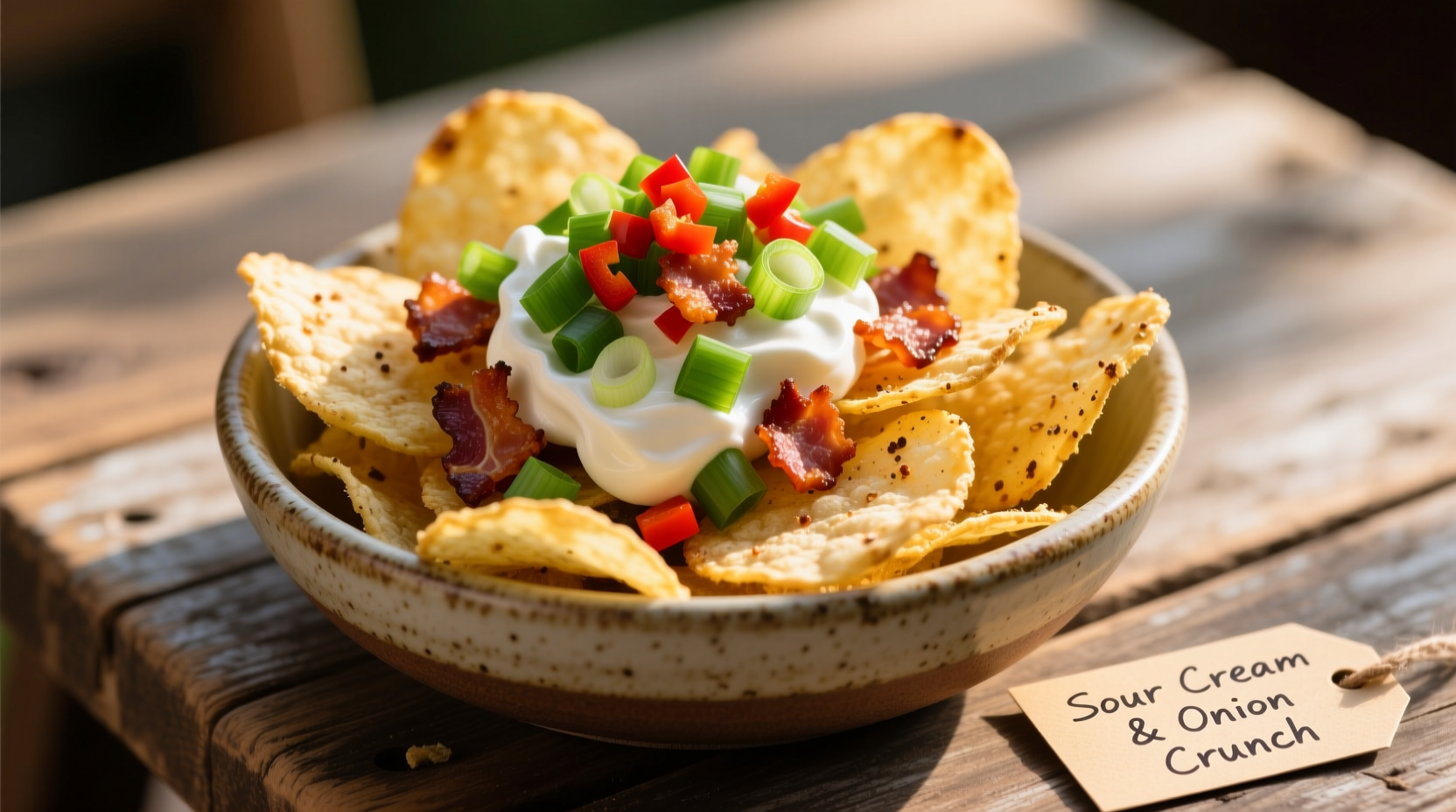 Sour cream and onion baked lays chips in a bowl with fresh ingredients