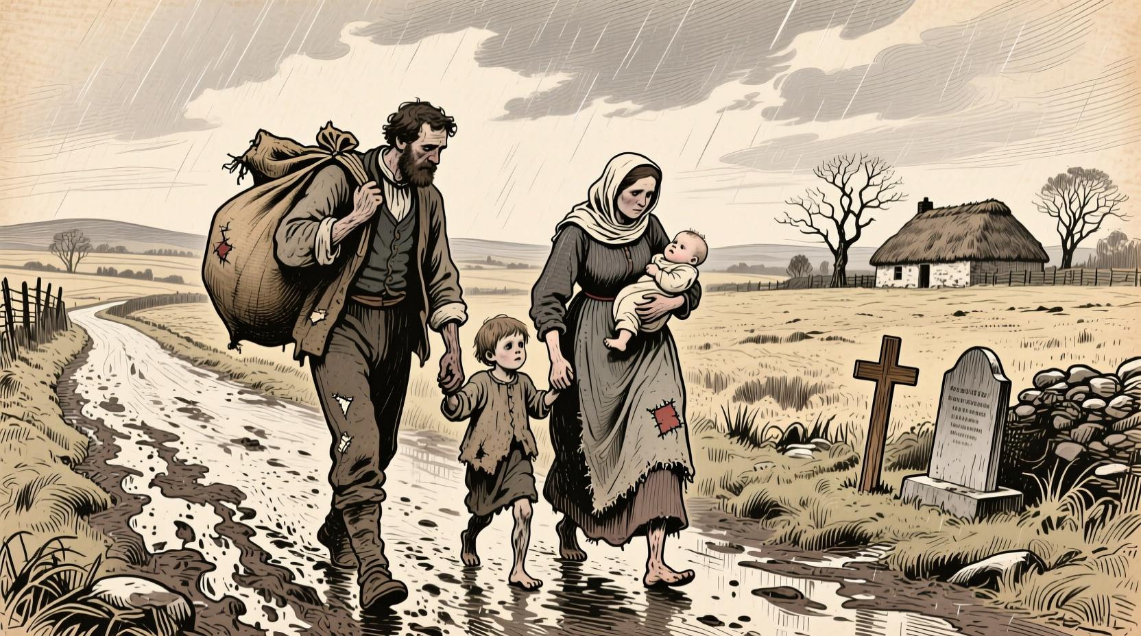 Historical illustration of Irish famine refugees