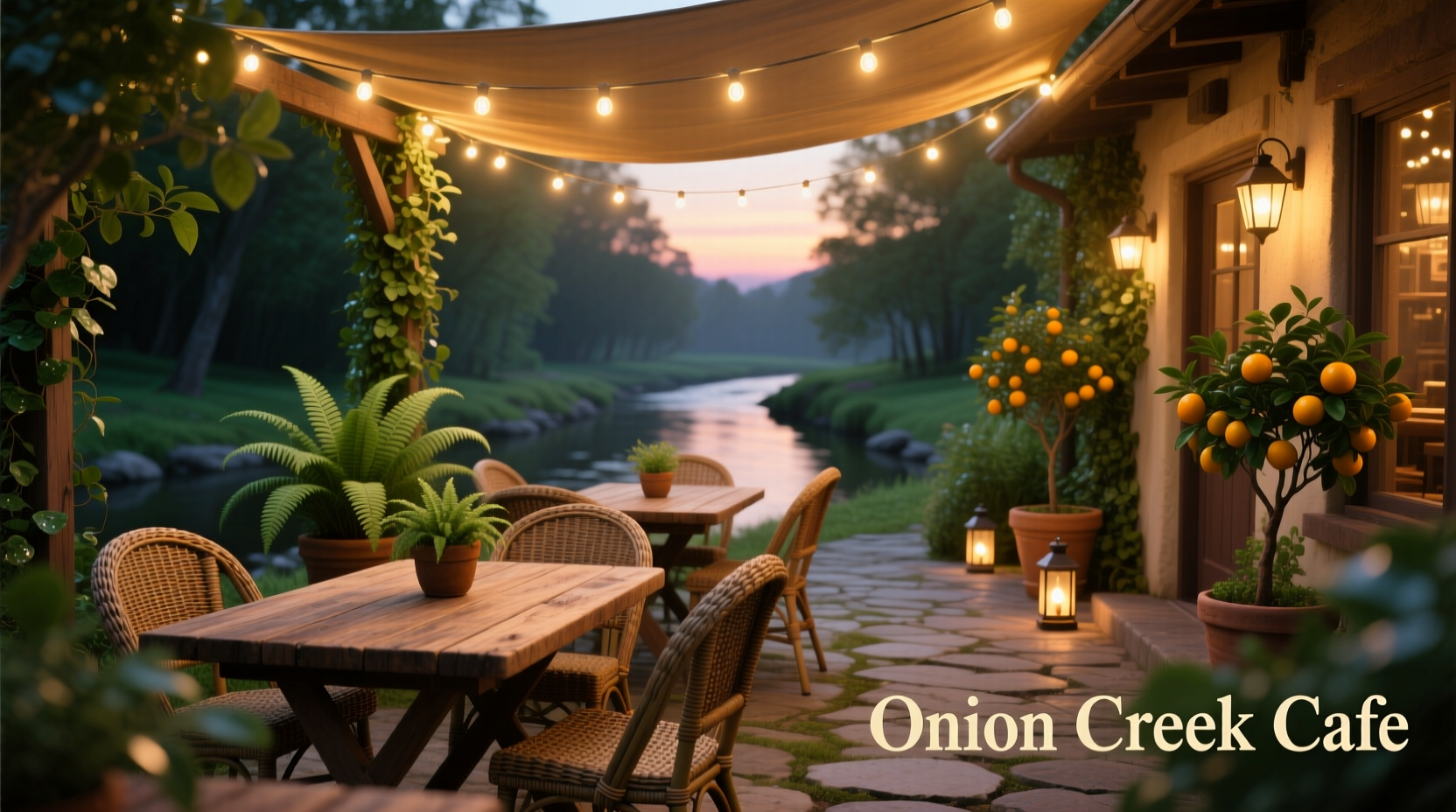 Onion Creek Cafe outdoor seating area with string lights
