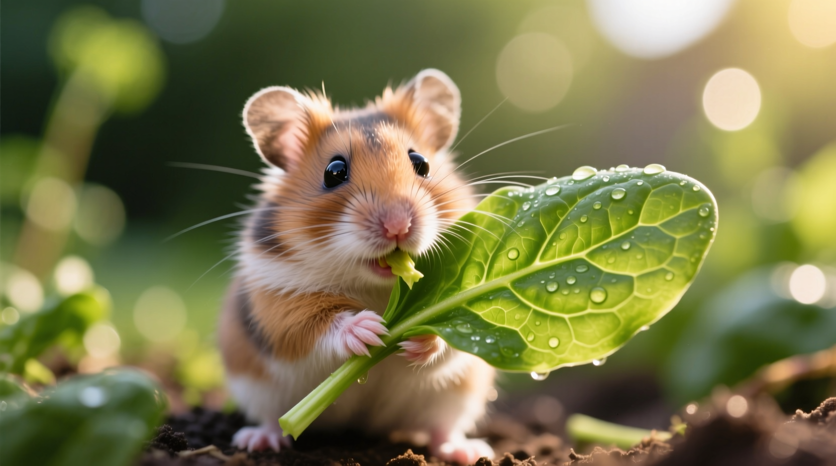 Hamster nibbling on fresh spinach leaf