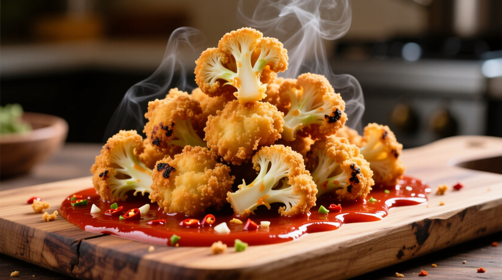 Crispy breaded cauliflower florets with spicy red sauce