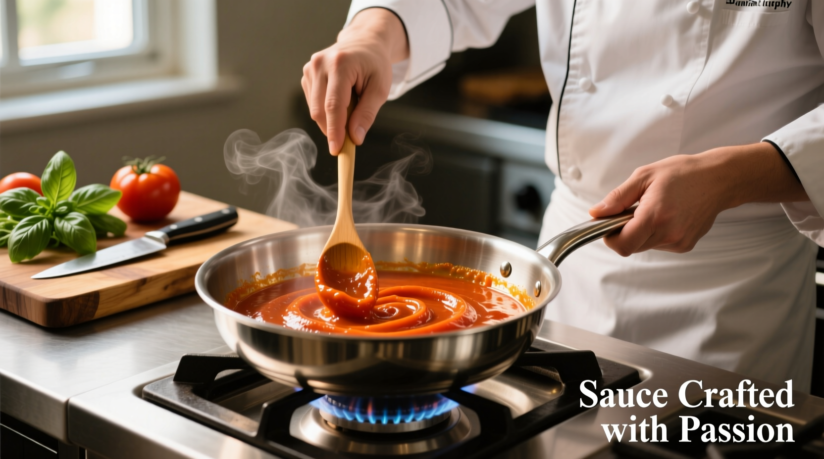 Chef stirring tomato paste in stainless steel pan