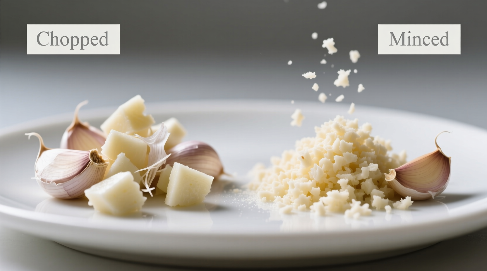Close-up comparison of chopped versus minced garlic pieces