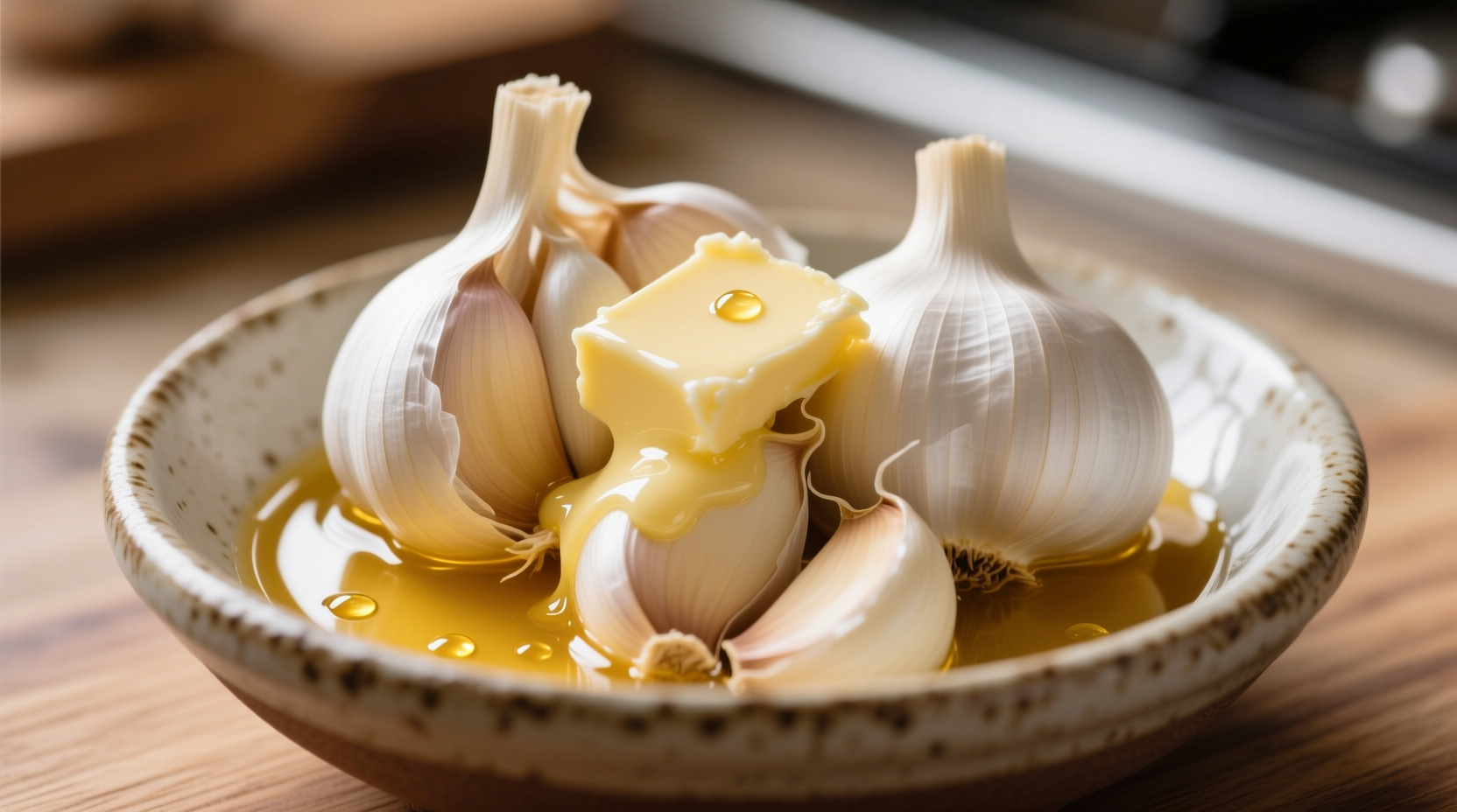 Fresh garlic cloves and butter mixture in bowl