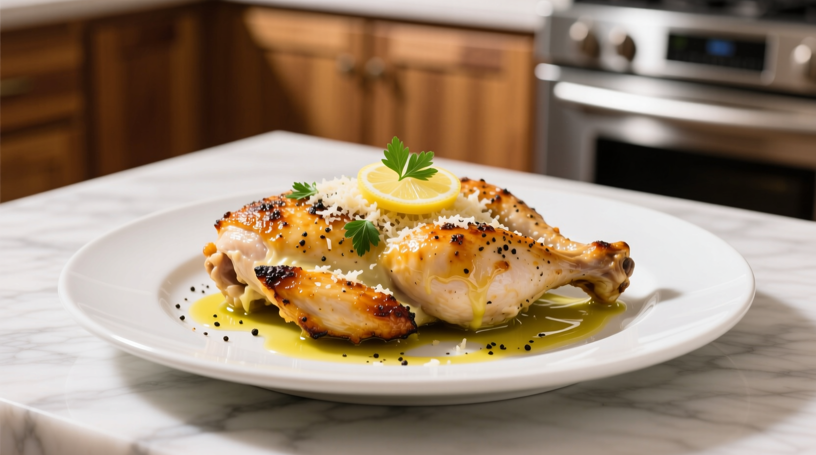 Golden garlic parmesan chicken on white plate