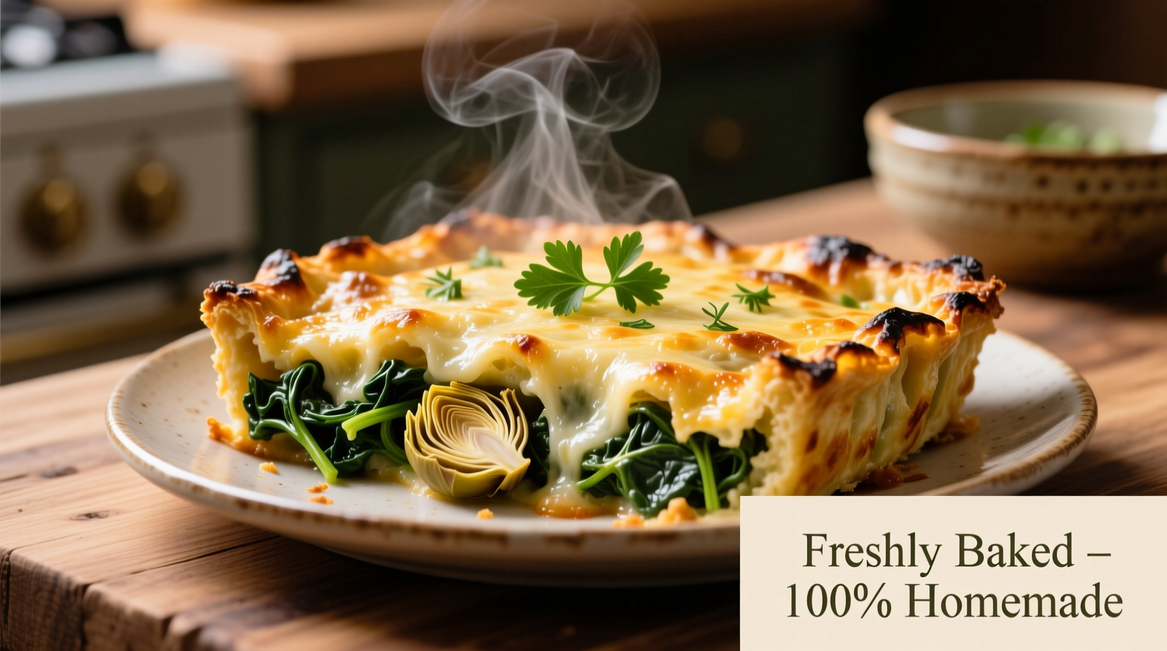 Golden spinach artichoke bake fresh from oven