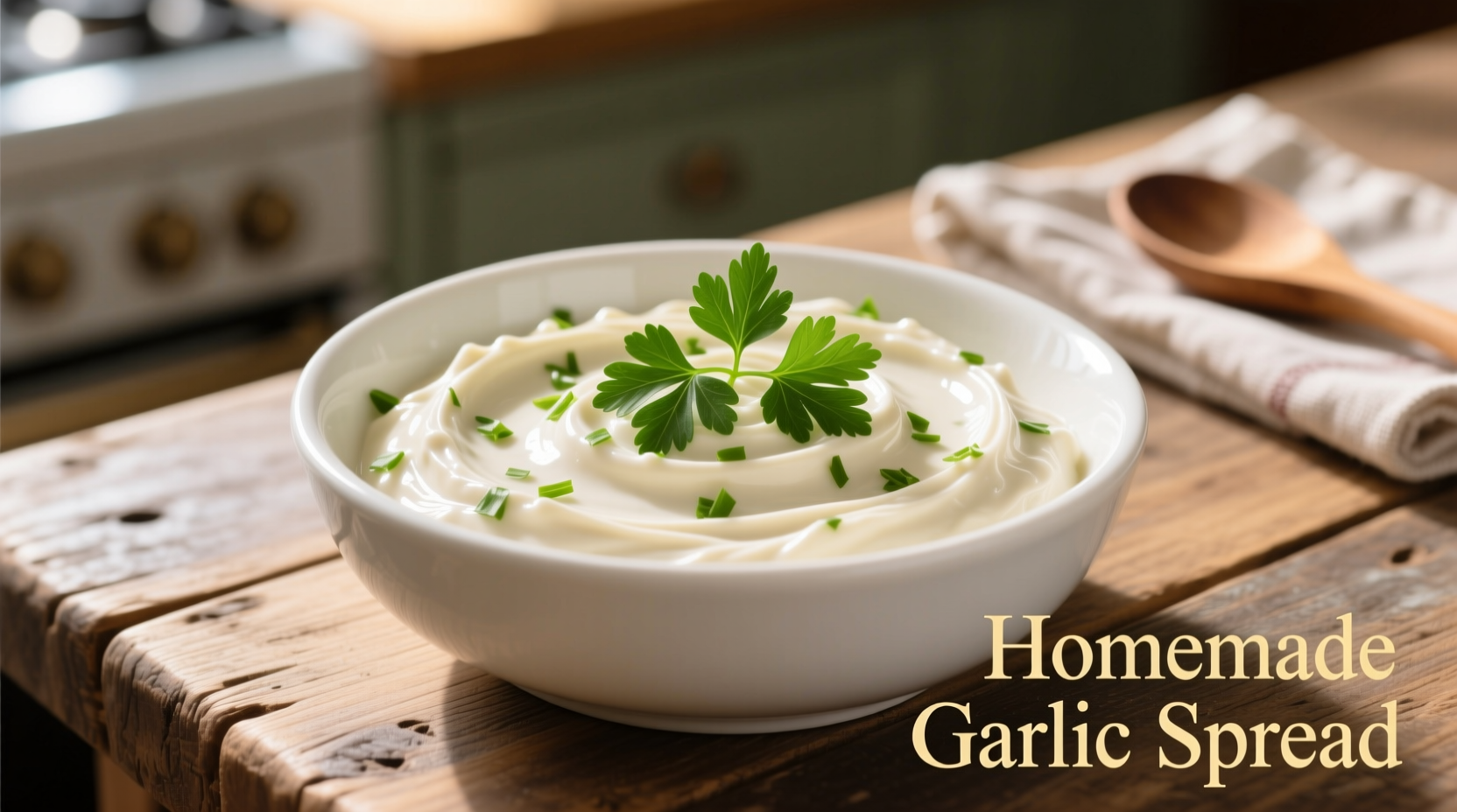 Creamy garlic spread in white bowl with fresh parsley garnish