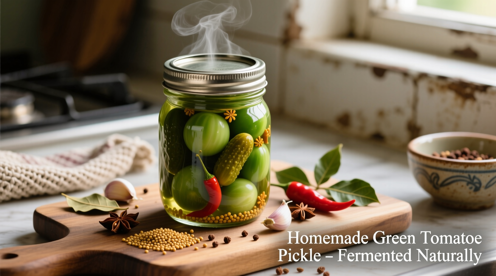 Fresh green tomato pickle in mason jar with spices