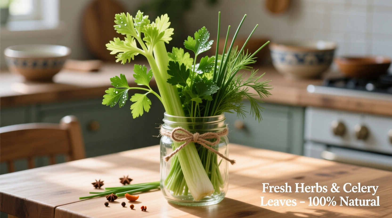 Fresh celery leaves in glass jar with herbs