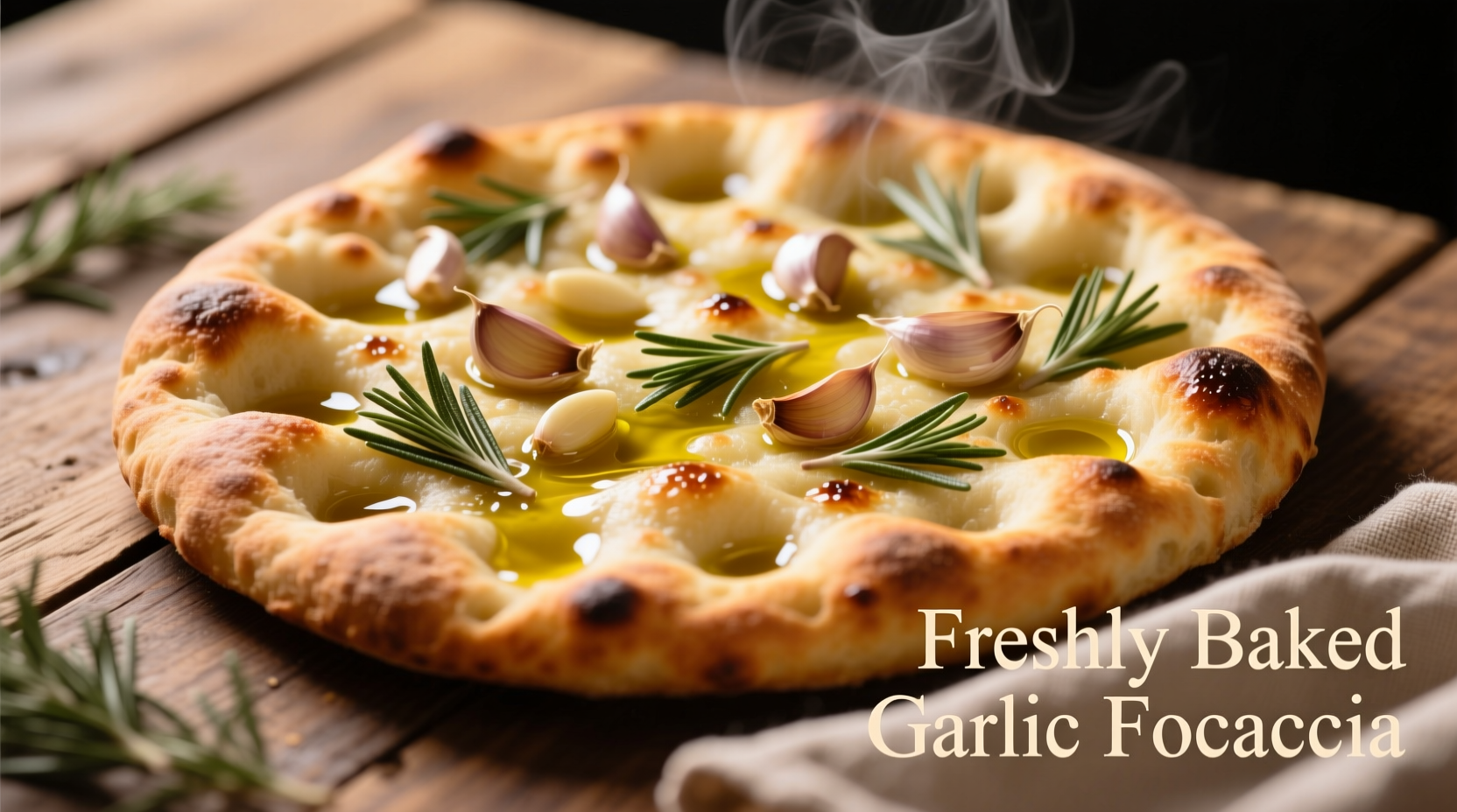 Freshly baked garlic focaccia with rosemary and olive oil
