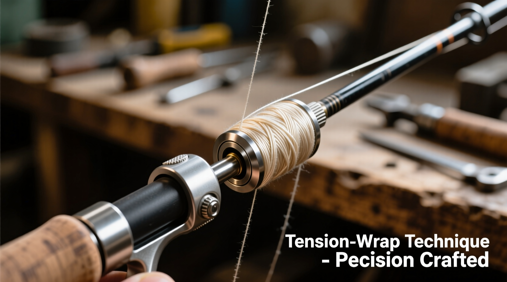 Wrapping thread around fishing rod guide foot with tension tool