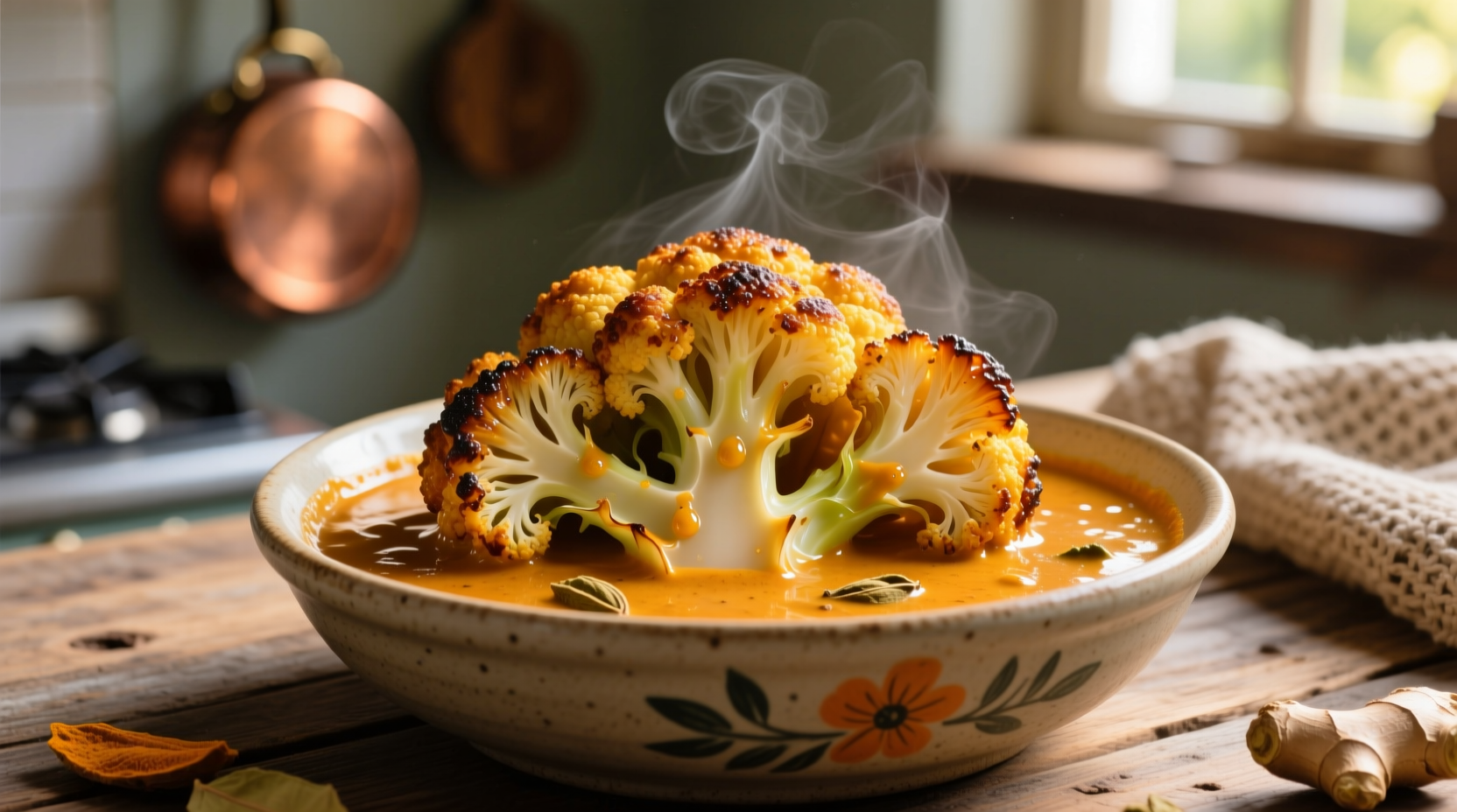 Golden roasted cauliflower in creamy curry sauce