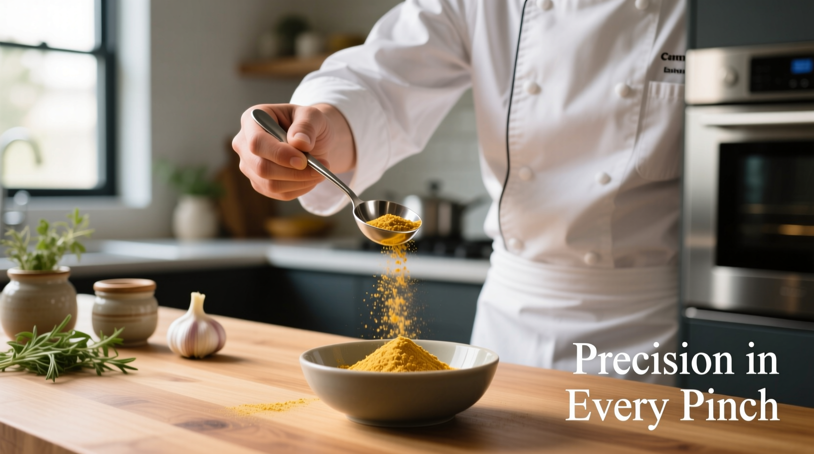 Chef measuring garlic powder in teaspoon