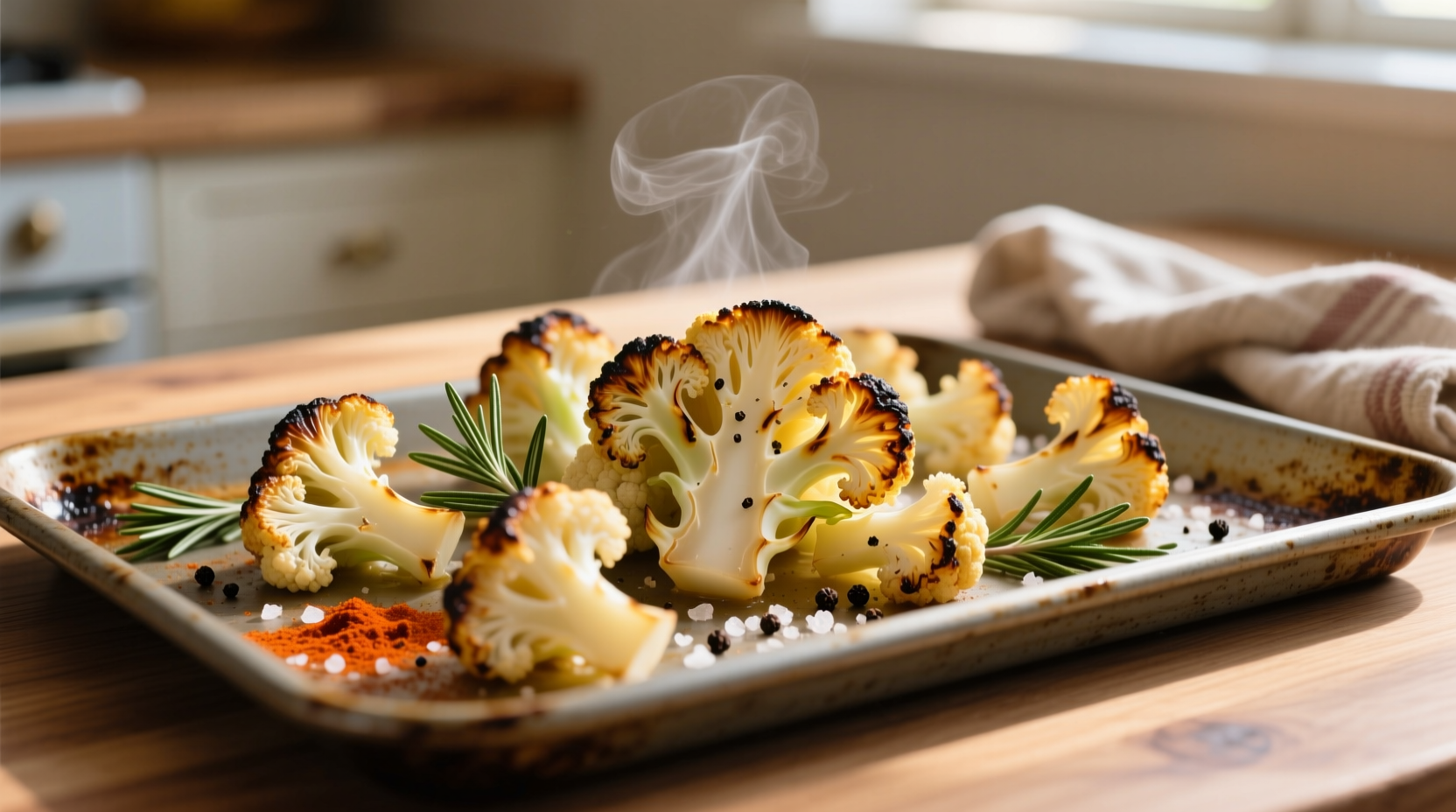 Cauliflower florets roasting on baking sheet