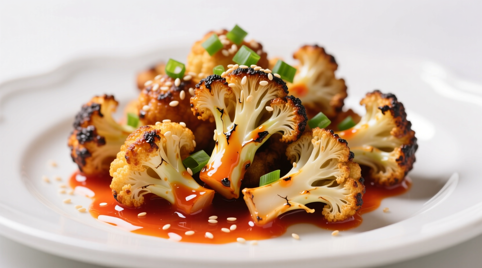 Crispy buffalo cauliflower florets on white plate