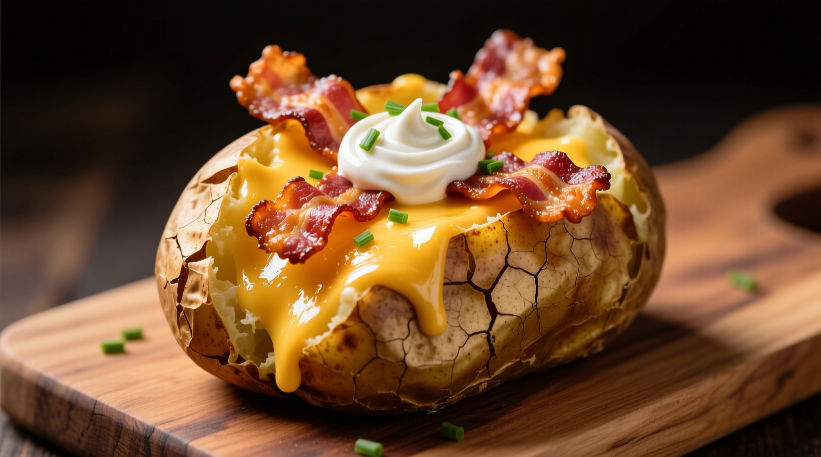 Perfectly loaded baked potato with melted cheese and crispy bacon