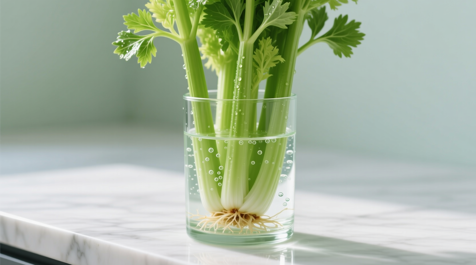 Celery stored upright in glass container with water