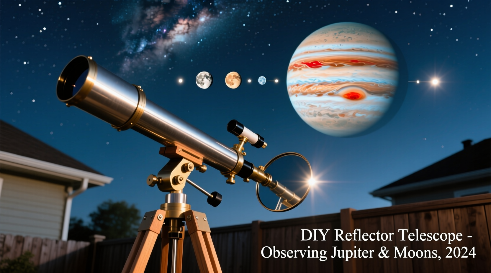Jupiter and moons visible through DIY reflector telescope