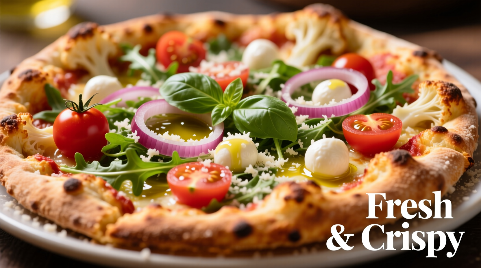 Crispy golden cauliflower pizza crust topped with fresh ingredients