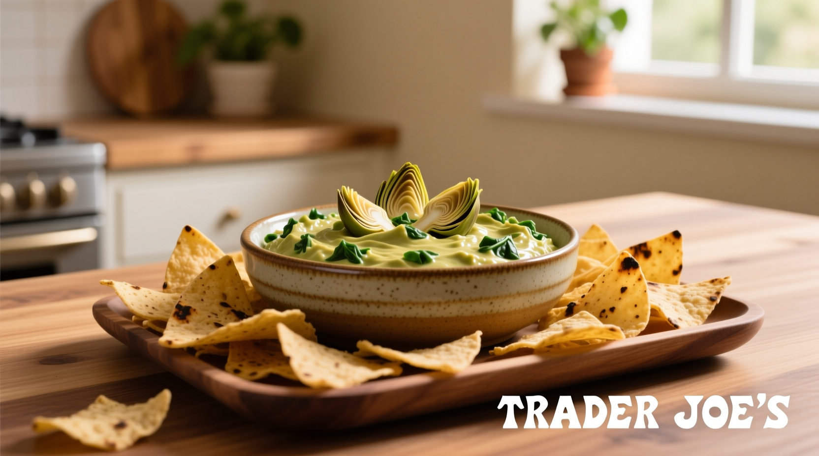 Trader Joe's spinach artichoke dip in ceramic bowl with tortilla chips