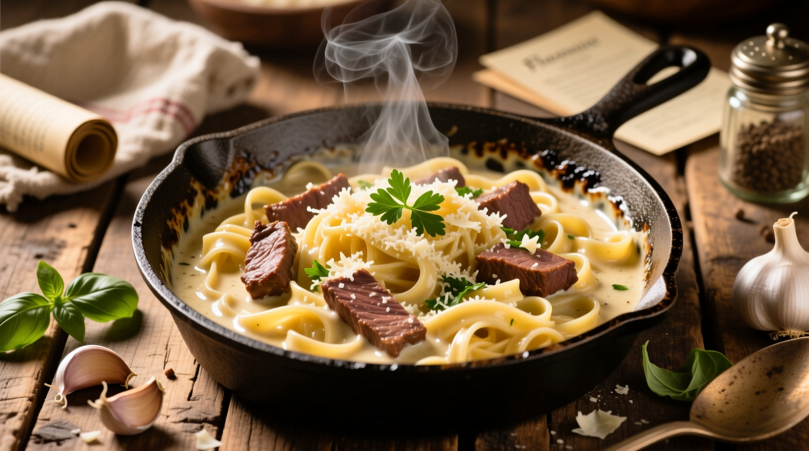 One pot creamy beef and garlic butter pasta in cast iron skillet