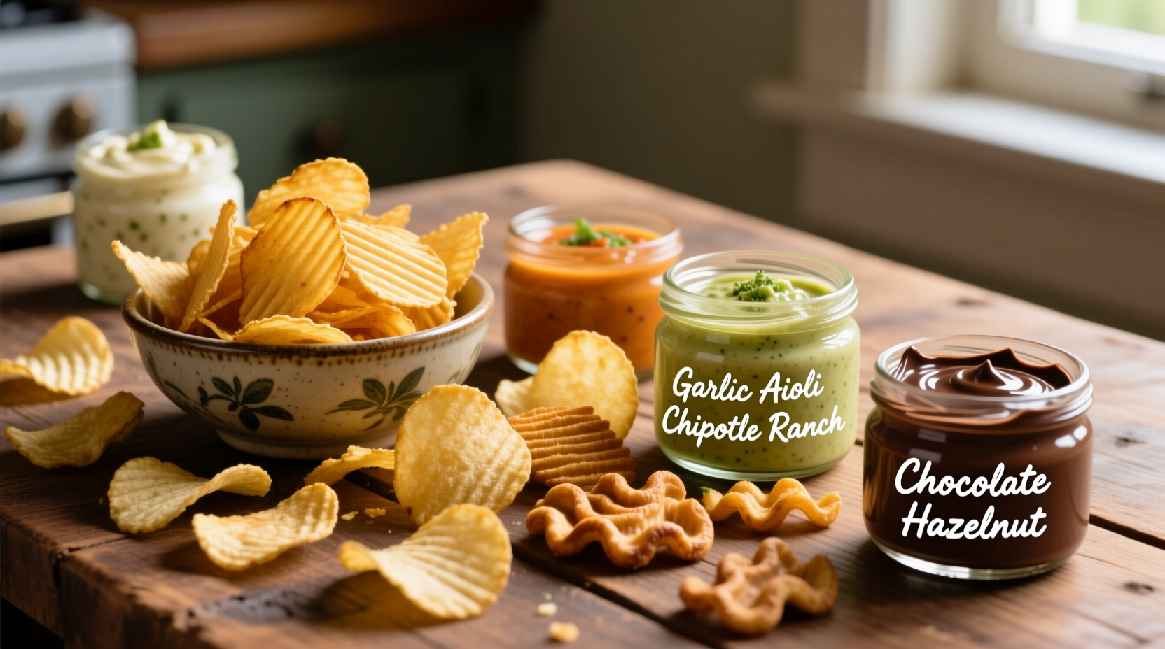 Assortment of potato chips with various dipping sauces