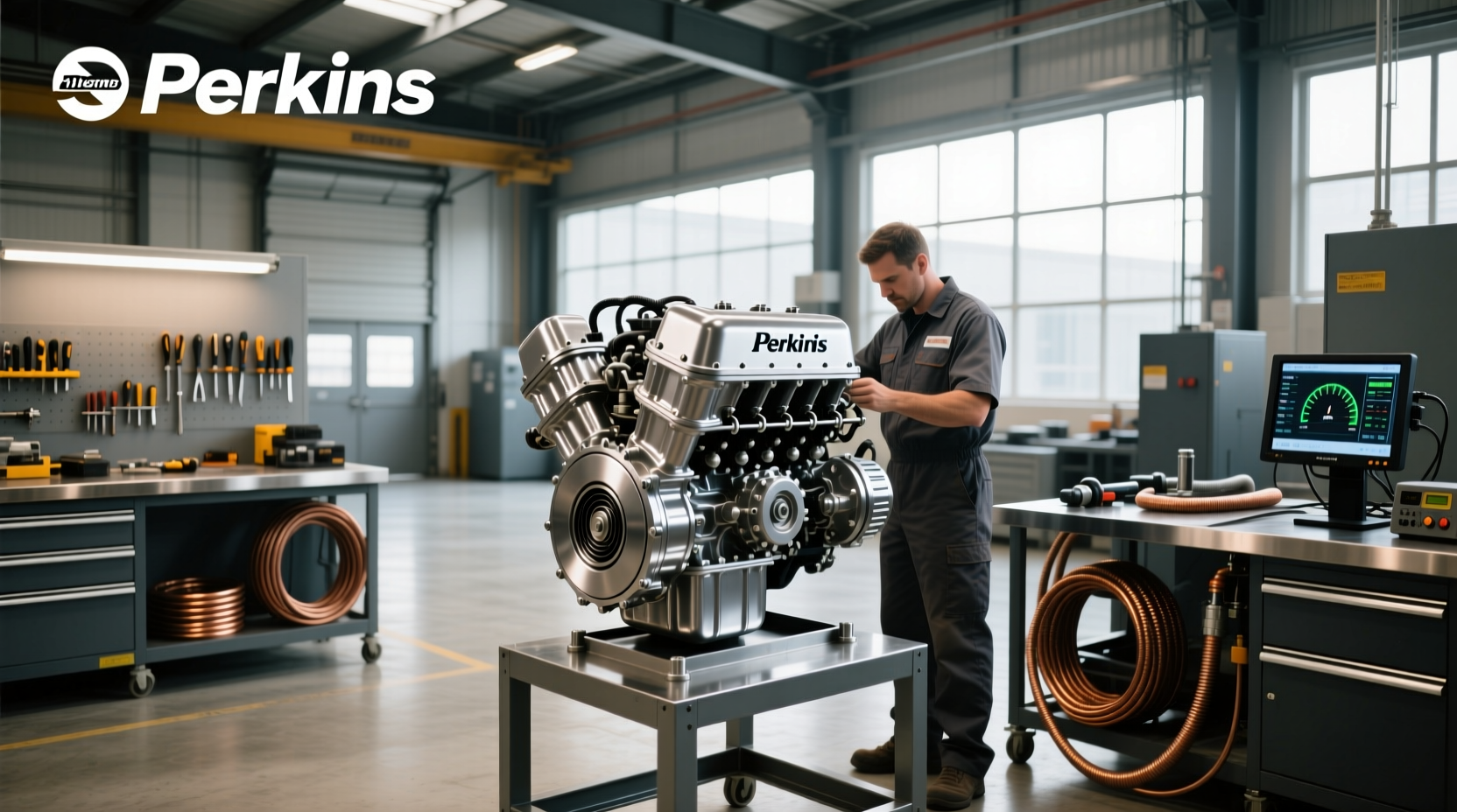 Close-up view of a Perkins engine showing clean lines and labeling