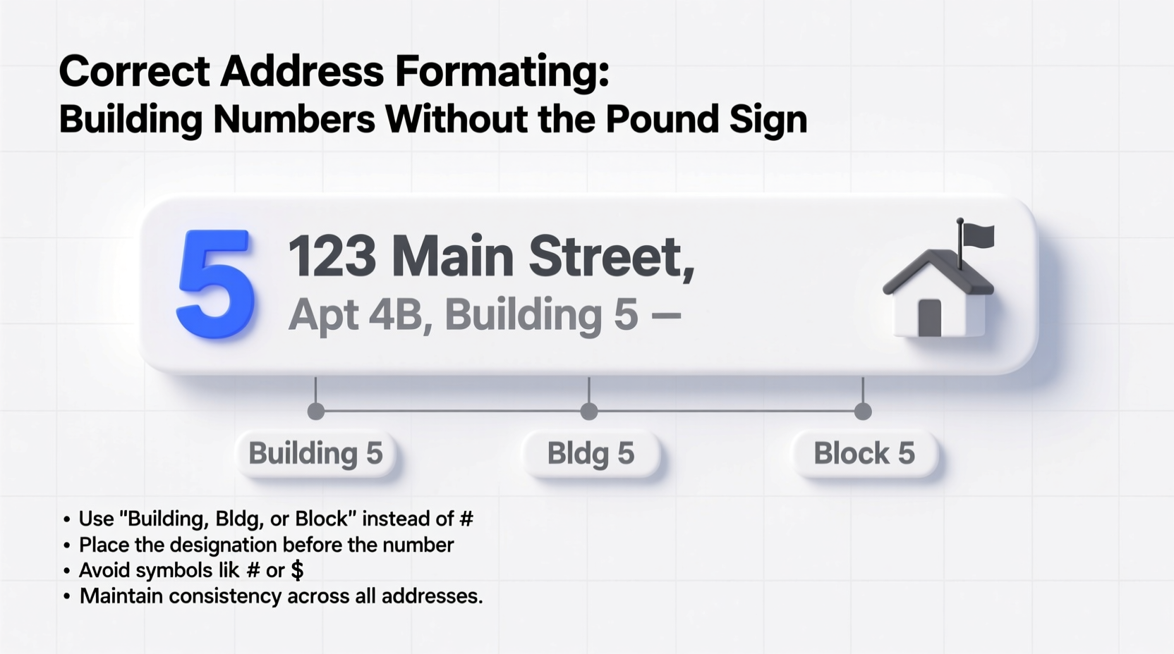how to correctly format building numbers in addresses without using the pound sign