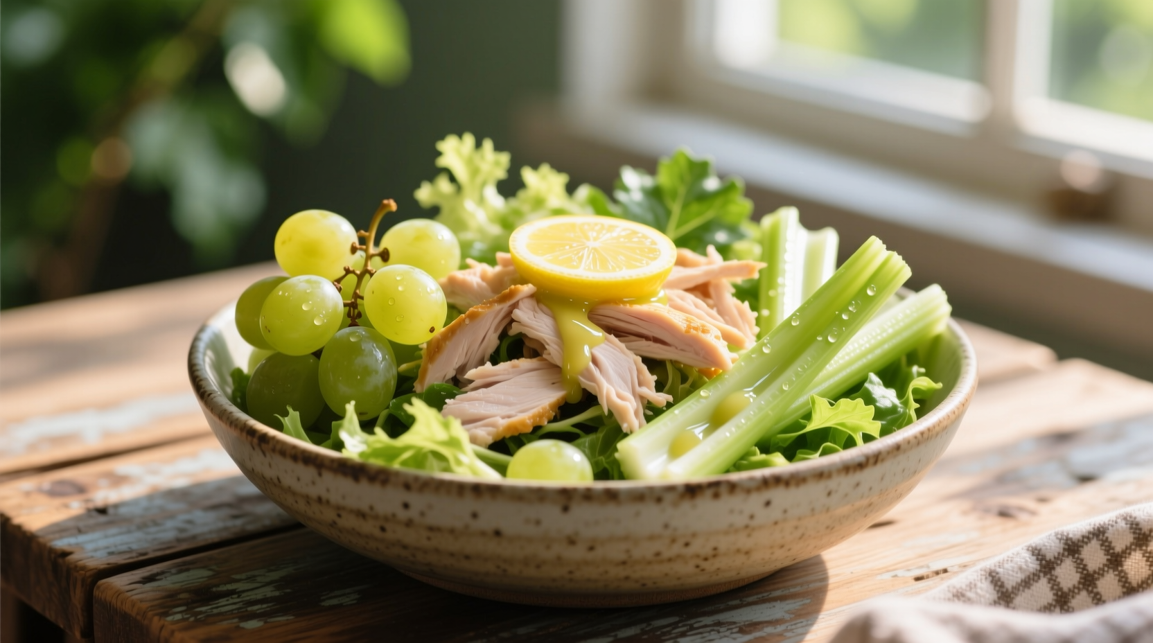 Fresh chicken salad with grapes and celery in a bowl