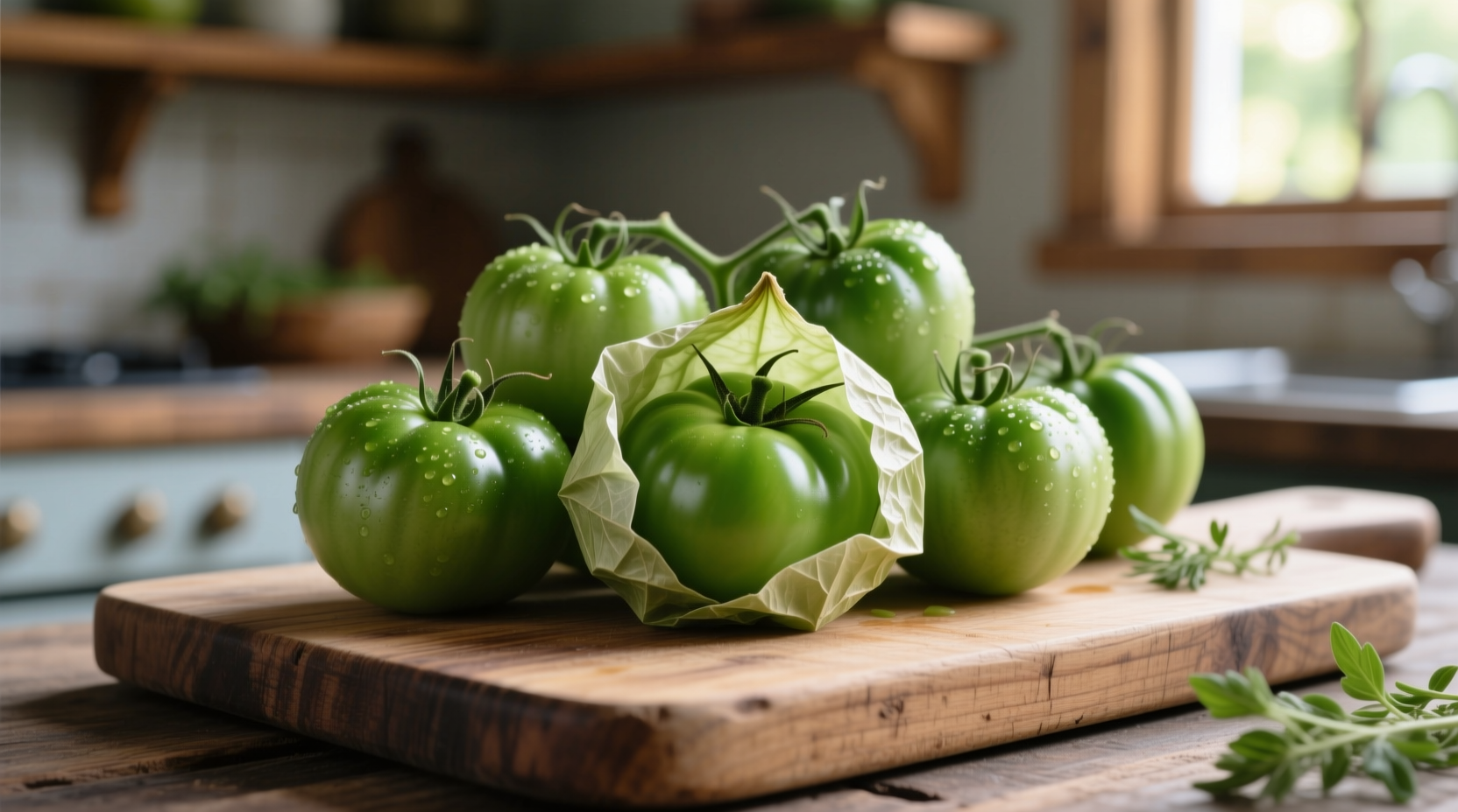 Fresh tomatillos in their papery husks on wooden cutting board