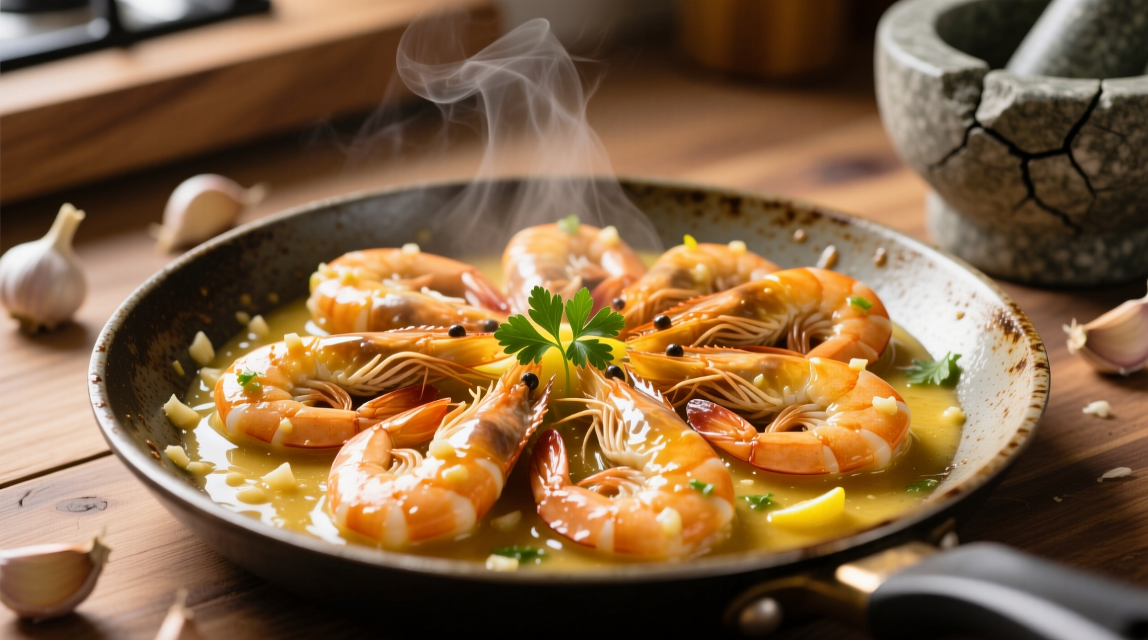 Golden shrimp sautéing in garlic butter sauce