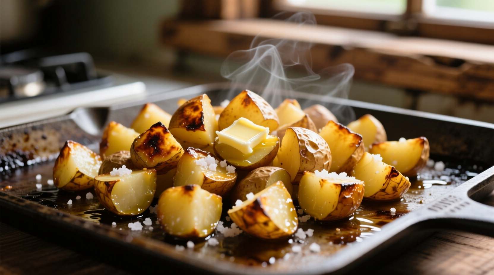 Golden roasted potato cubes on baking sheet