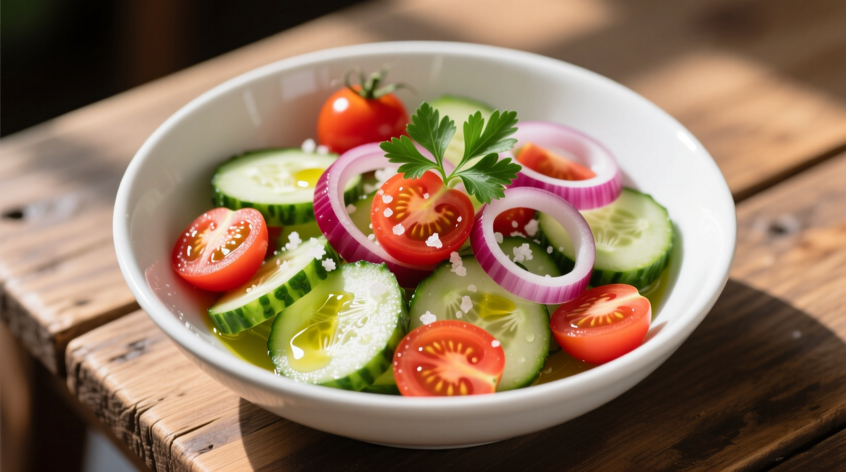 Fresh cucumber tomato and red onion salad in white bowl