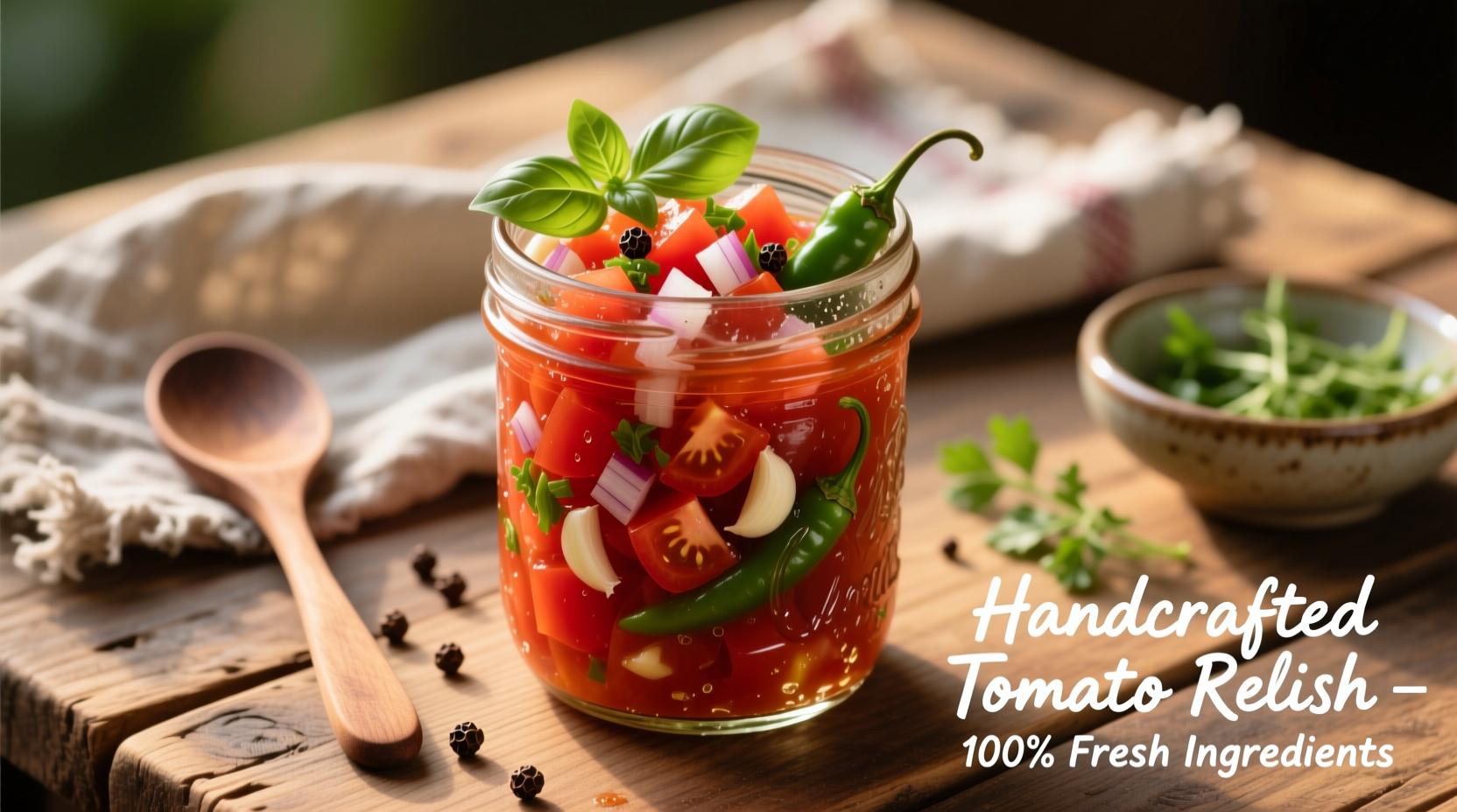 Homemade tomato relish in mason jar with fresh ingredients
