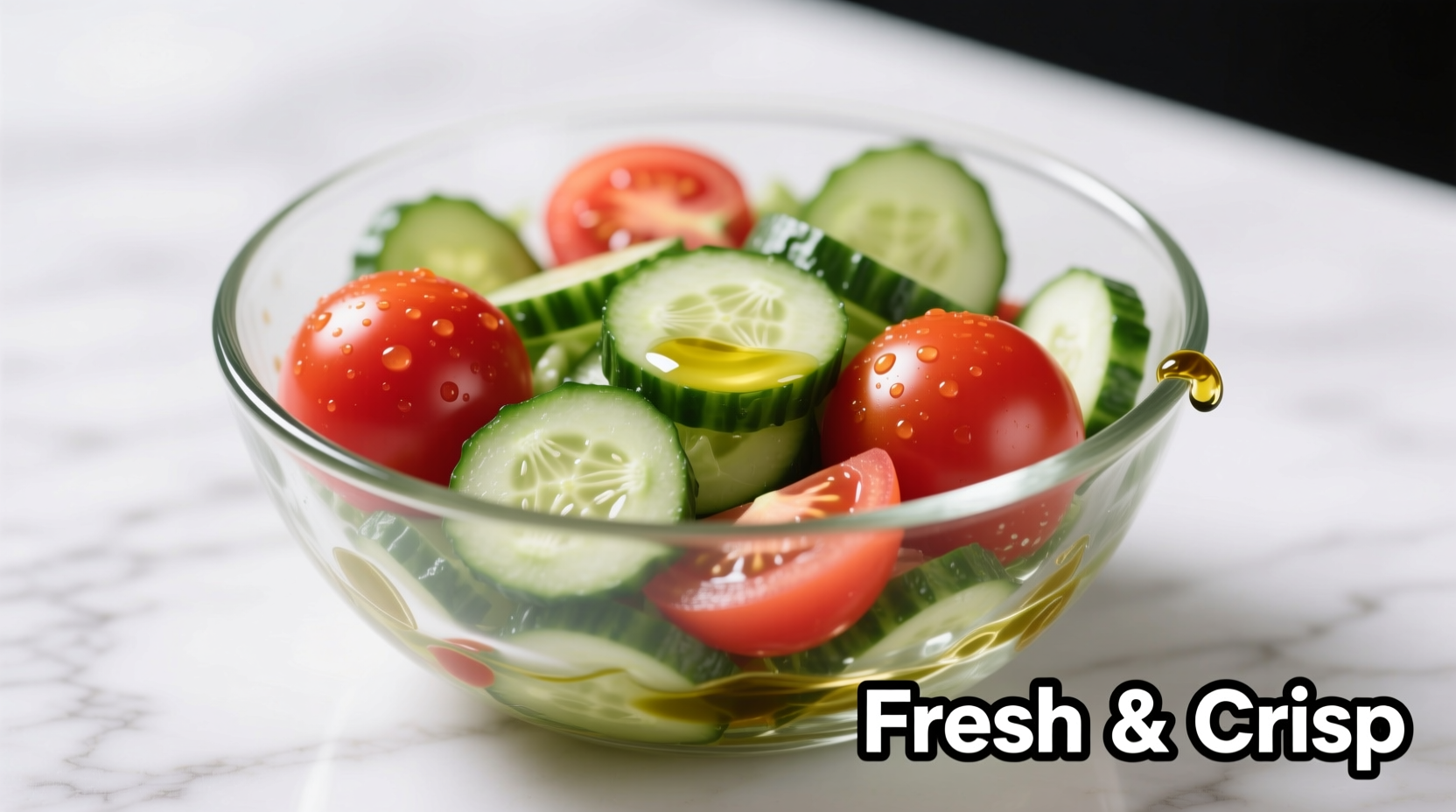 Fresh cucumber tomato salad with vinegar in glass bowl