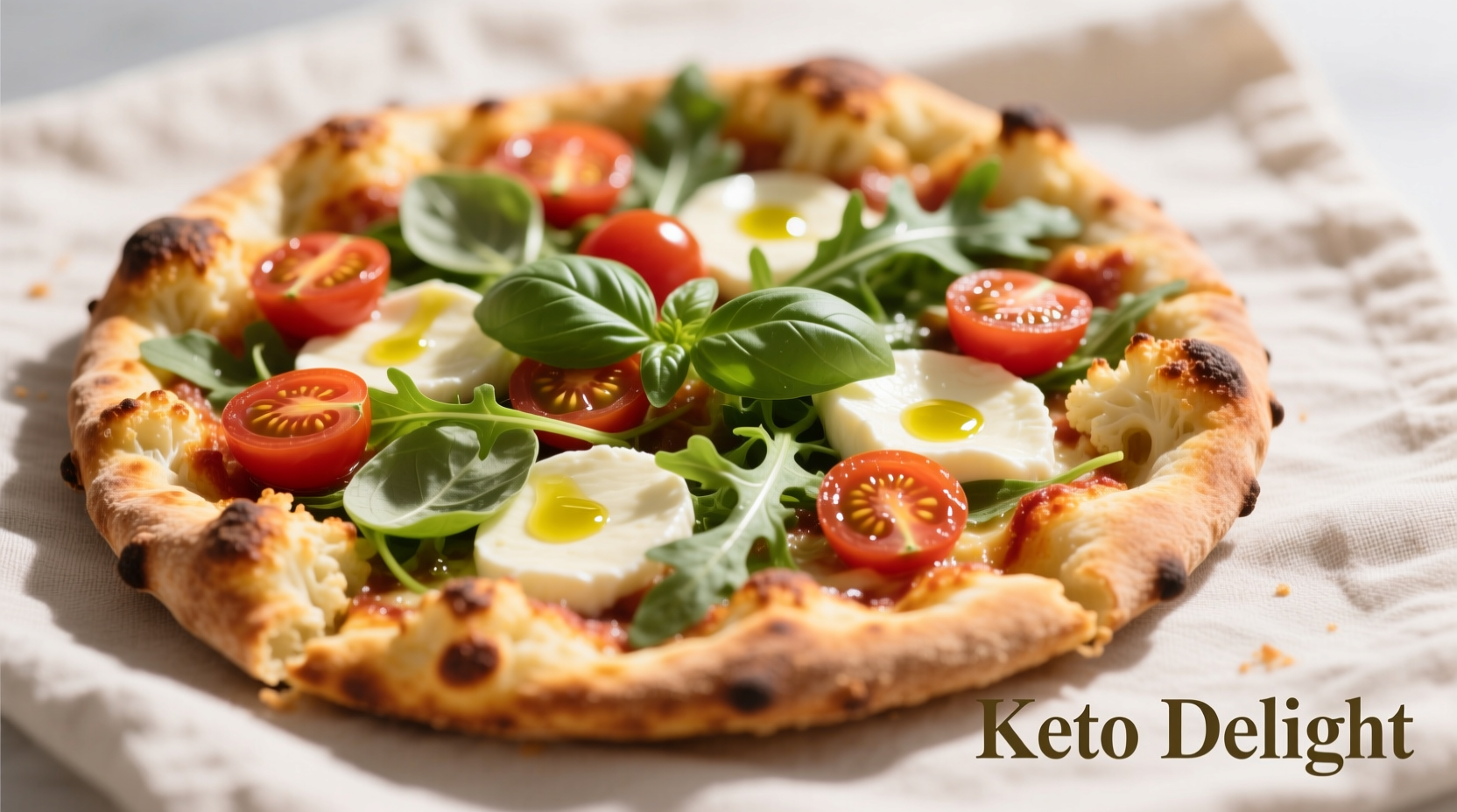 Crispy golden keto cauliflower pizza crust topped with fresh ingredients