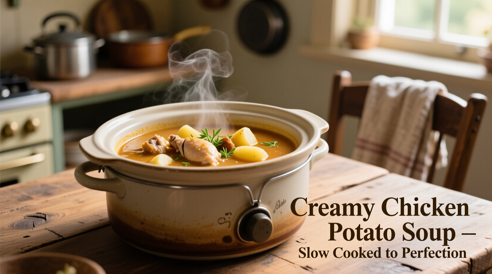 Slow cooker filled with creamy chicken potato soup
