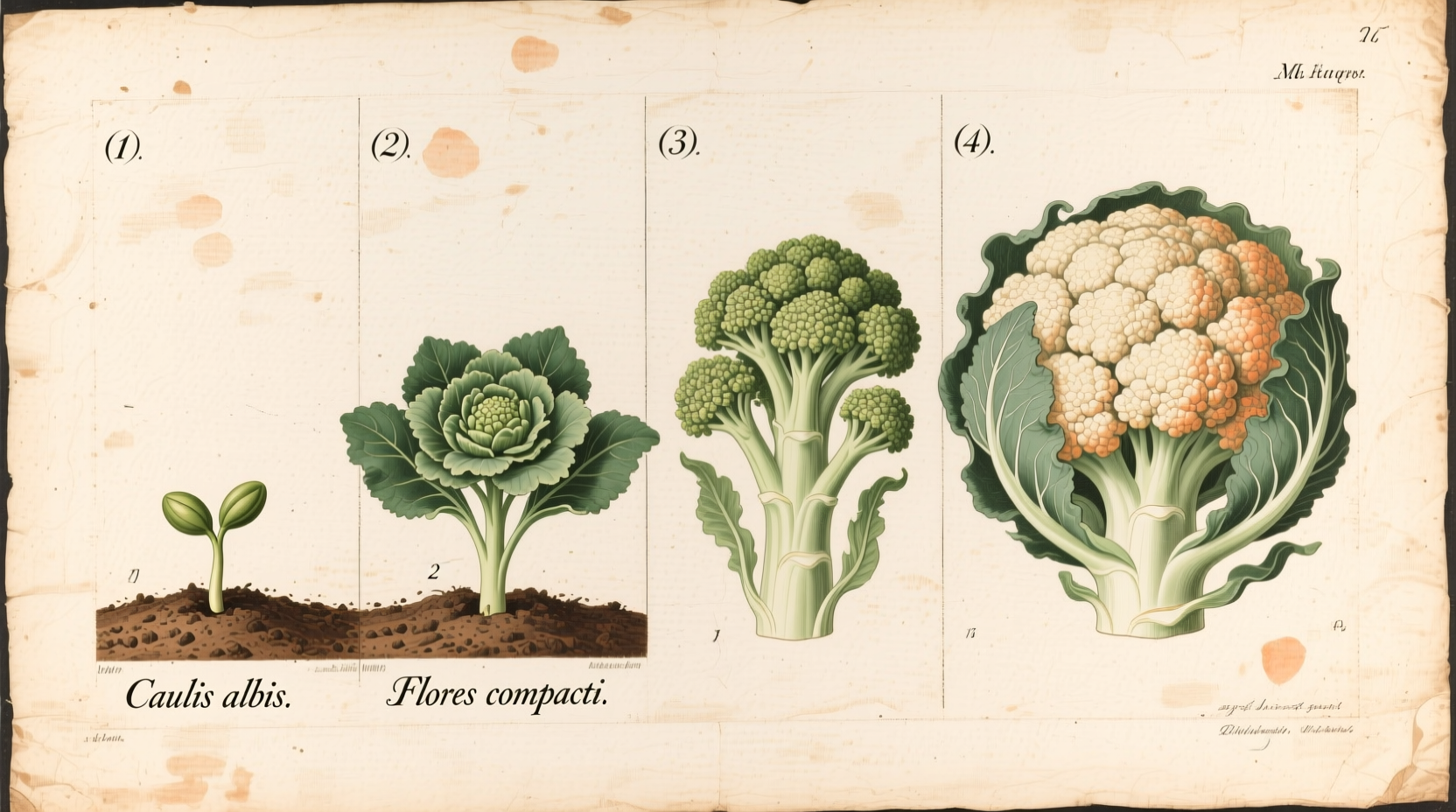 Historical illustration of cauliflower development stages