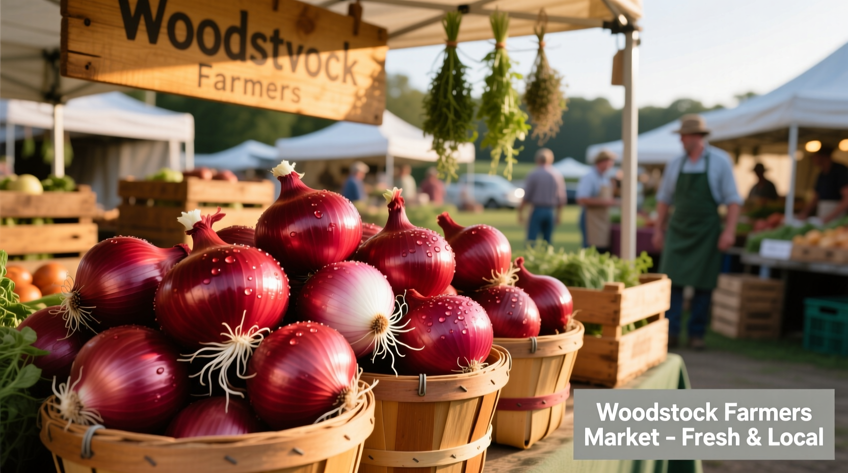 Fresh red onions at Woodstock Farmers Market display