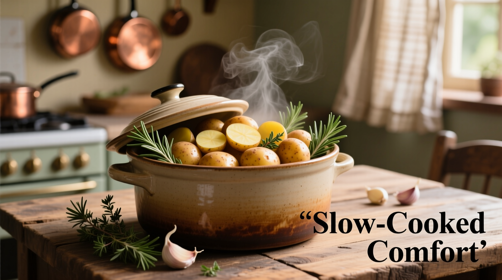 Slow cooker filled with golden potatoes and herbs