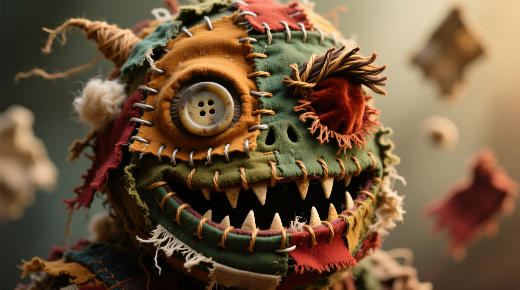 Close-up of textured monster made from fabric scraps and recycled stuffing